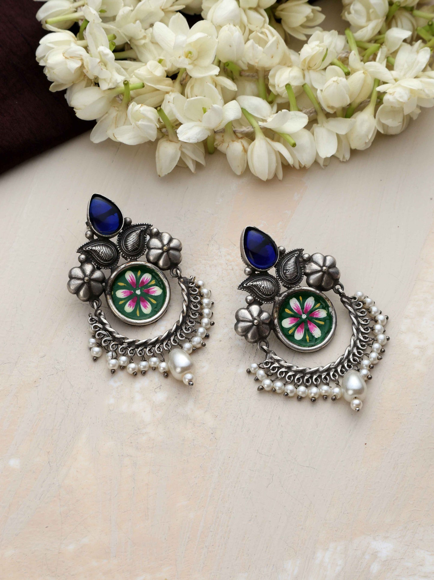 trueBrowns Silver Tone Handpainted Earrings | Swadesiicart