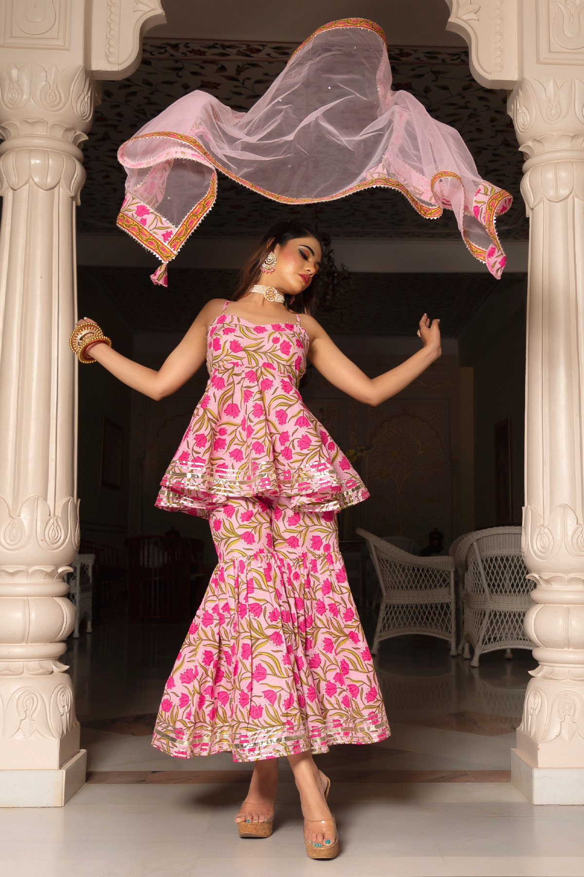 Pomcha Jaipur Nazakat Pink Cotton Hand Block Sharara Set | Swadesiicart