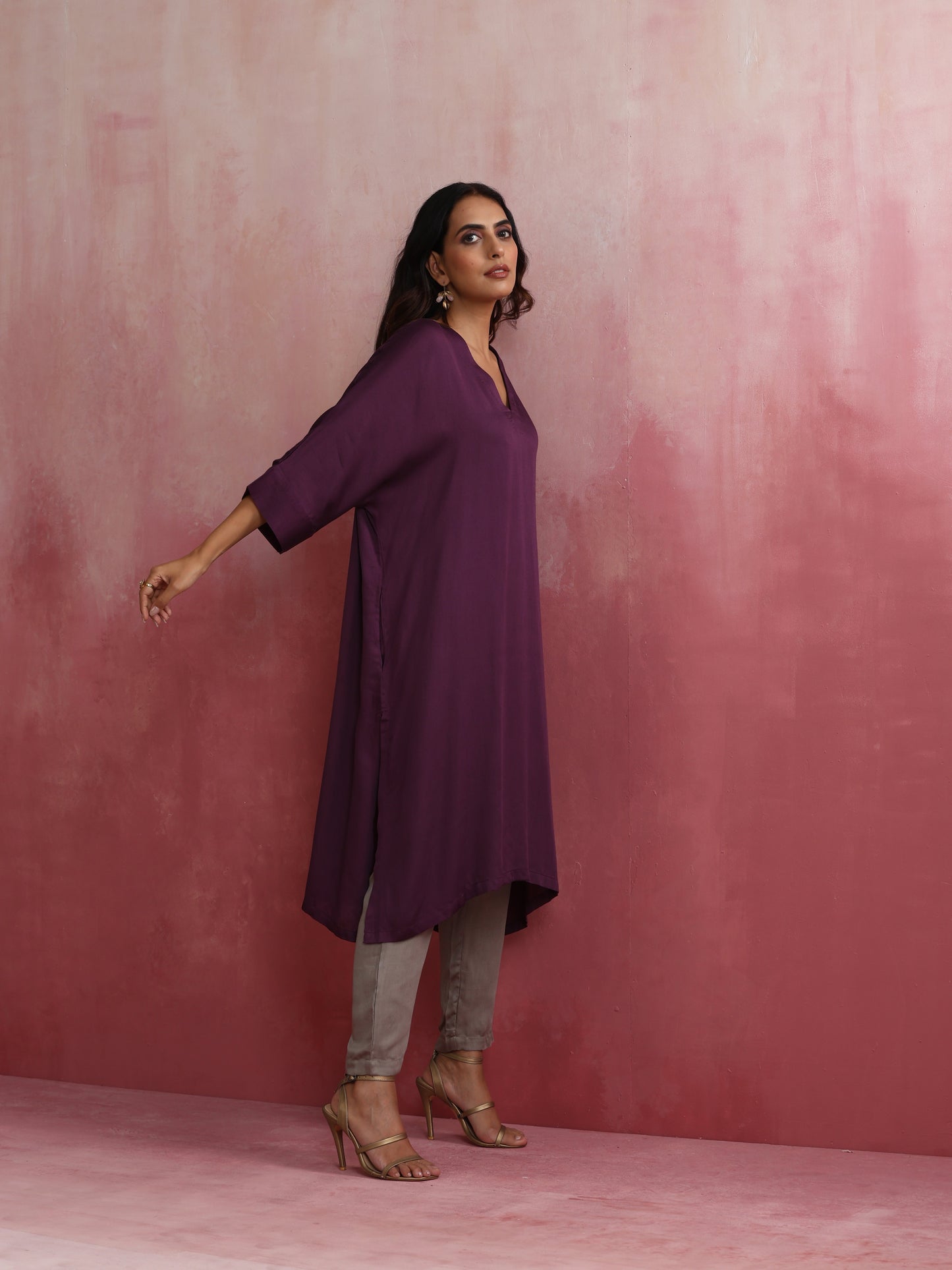 trueBrowns Purple Modal Kimono Kurta Set | Swadesiicart