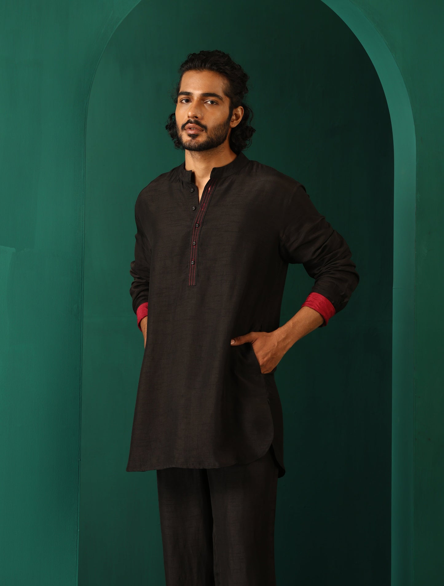 trueBrowns Men's Black Silk Co-ord Set Stitch Detail - Swadesiicart