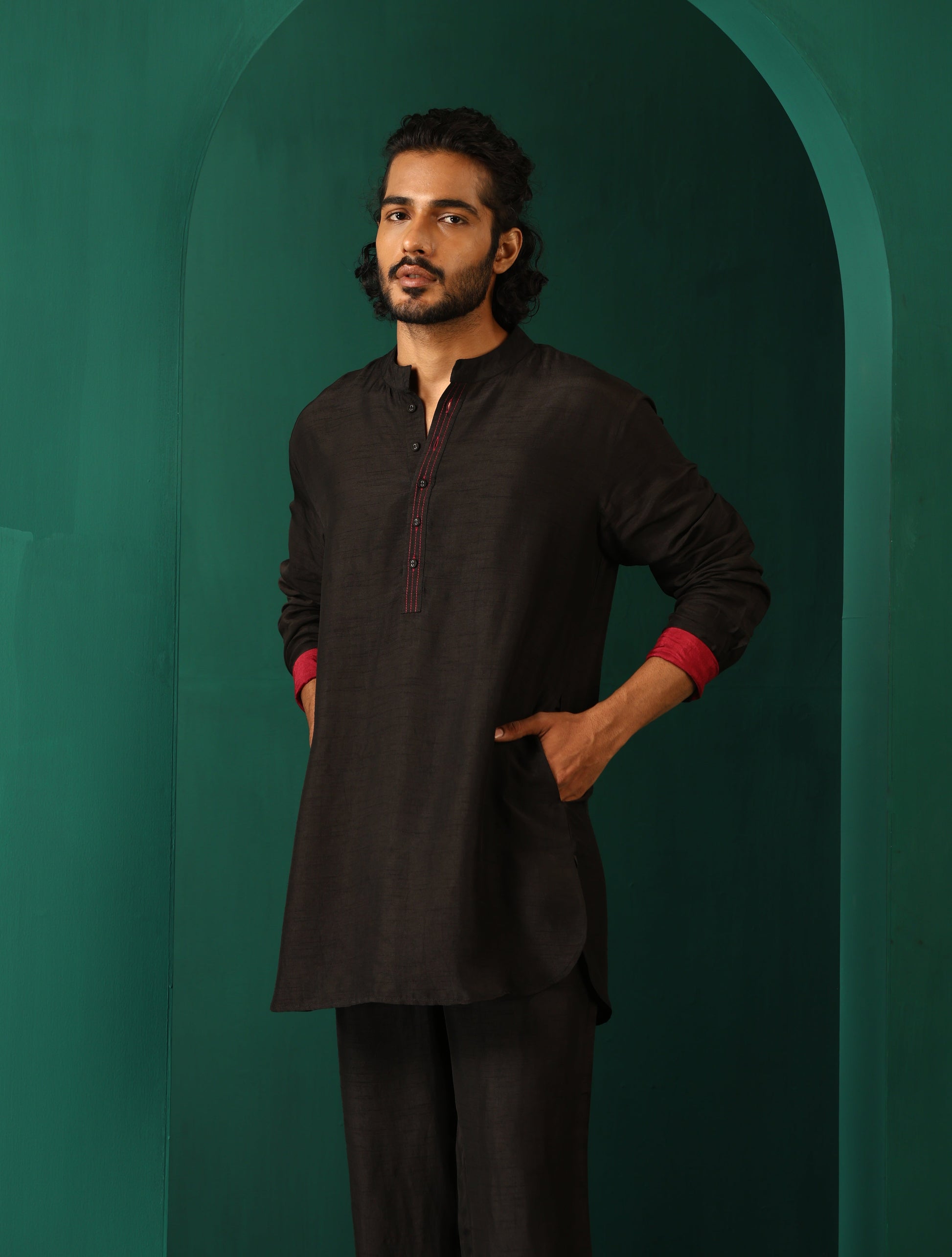 trueBrowns Men's Black Silk Co-ord Set Stitch Detail - Swadesiicart