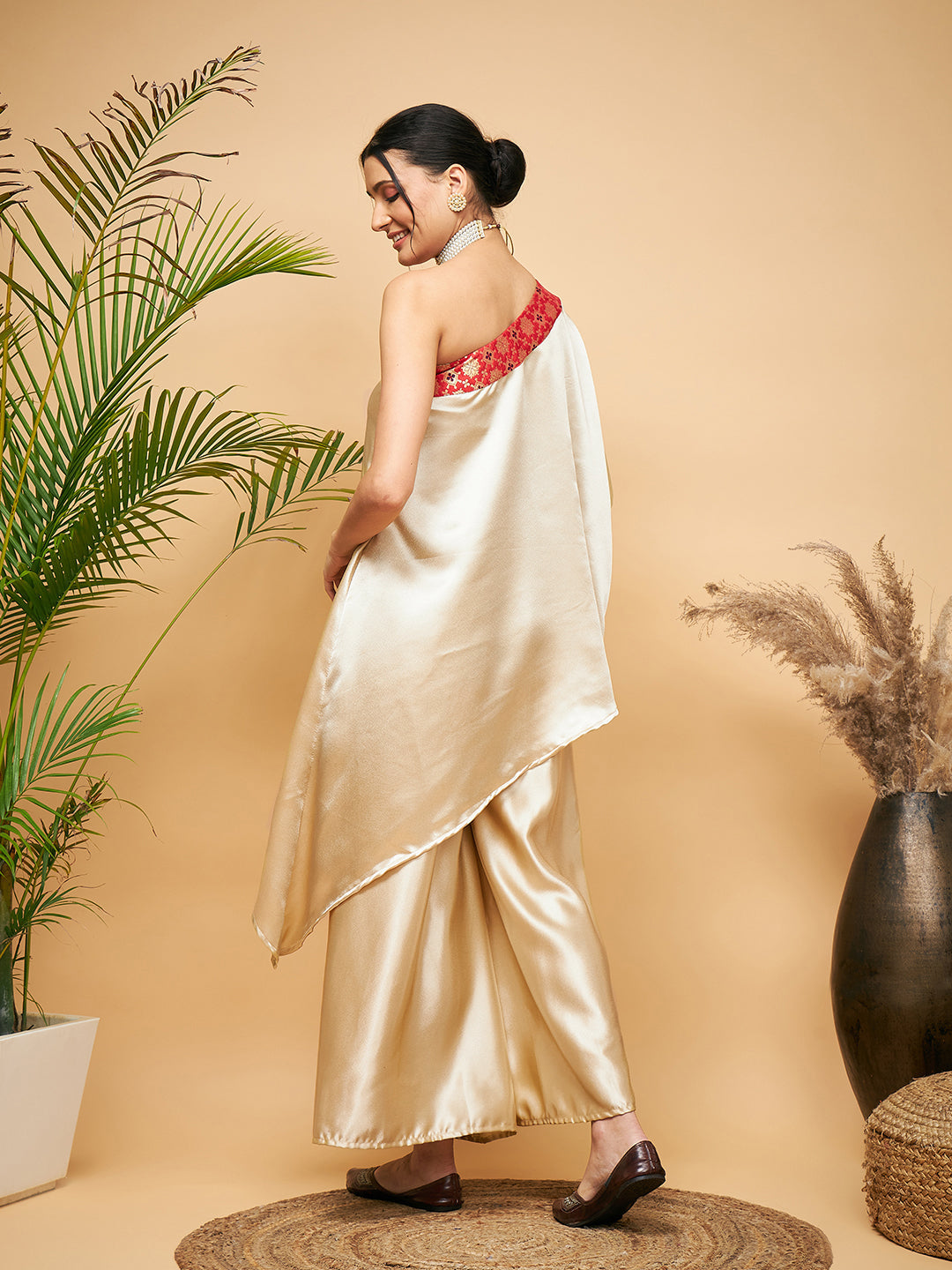 InWeave Women's Beige Red Brocade Oneshoulder Top Satin W Palazzo Set - Swadesiicart