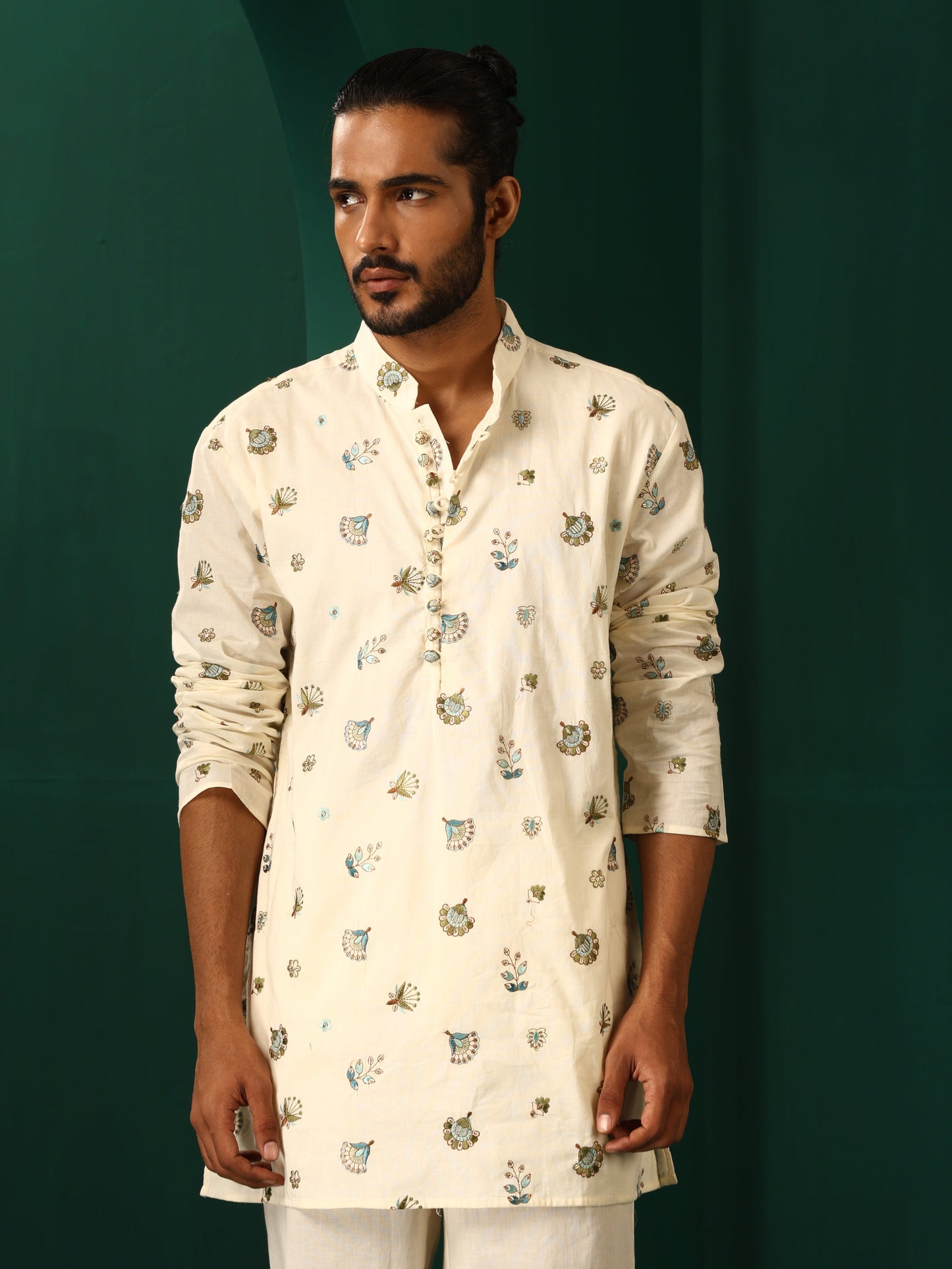 trueBrowns Men's Ivory Blue Multi color Floral Cotton Co-ord Set - Swadesiicart