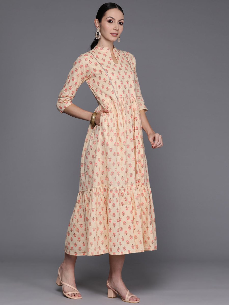 Ahalyaa Floral Print Mandarin Collar Tiered Midi Pure Cotton Ethnic Dress | Swadesiicart