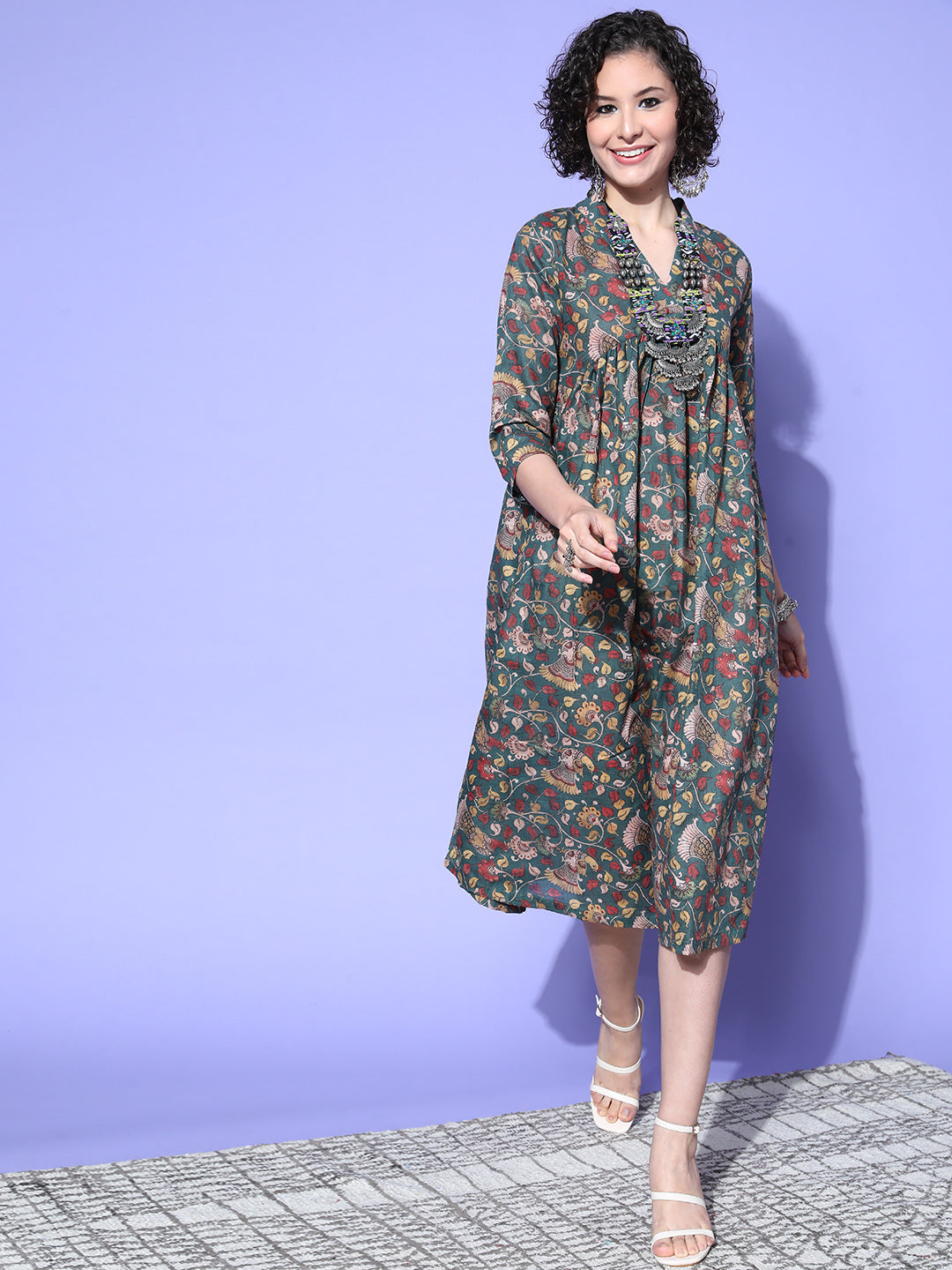 InWeave Women's Green Jaal Print Dress - Swadesiicart