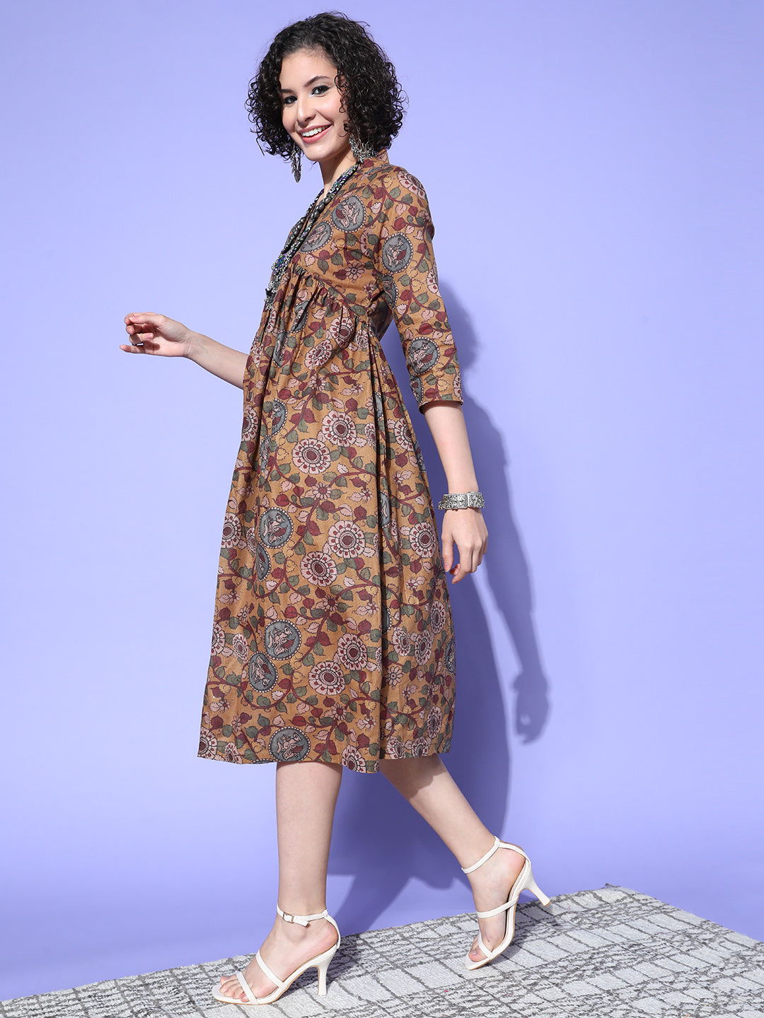 InWeave Women's Ochre Mustard Kalamkari Print Dress - Swadesiicart