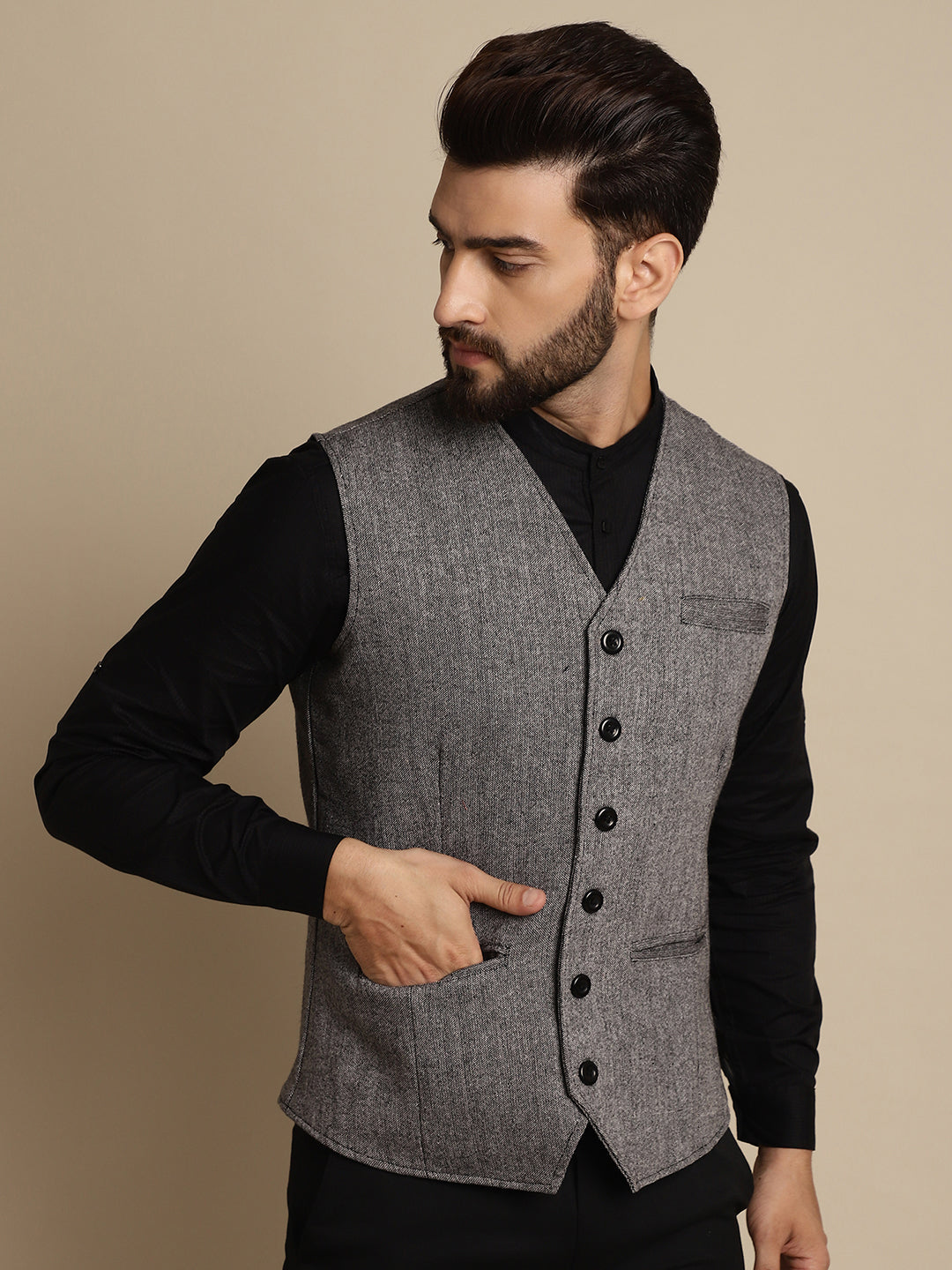 Even Apparels Men's Black Woolen Waistcoat with welt pockets | Swadesiicart