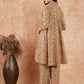 InWeave Women's Pear Green Orange Floral Print Flared Kurta Pant Set - Swadesiicart
