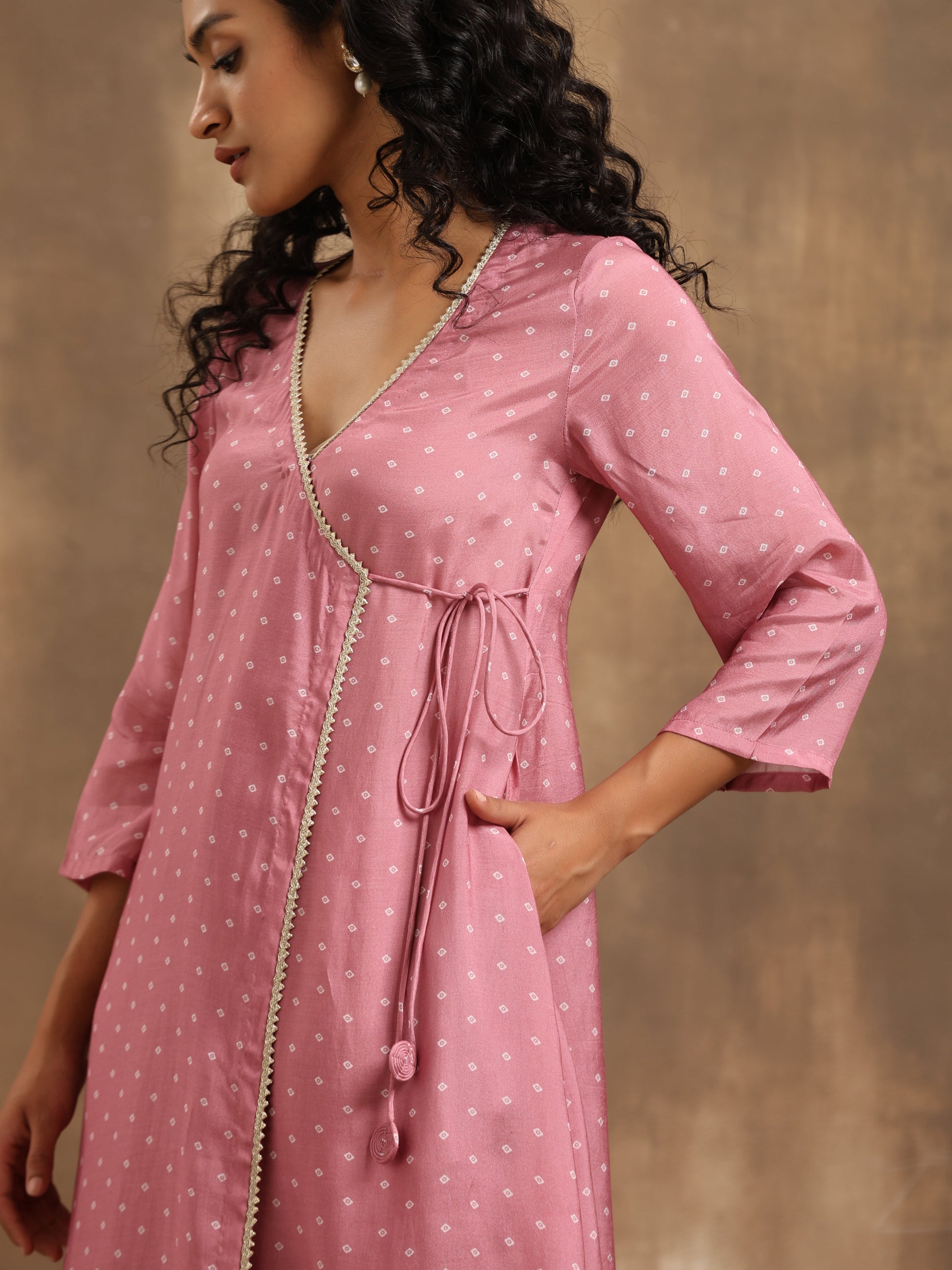 trueBrowns Light Mauve Bandhani Printed Silk Angrakha Kurta Pant Set | Swadesiicart