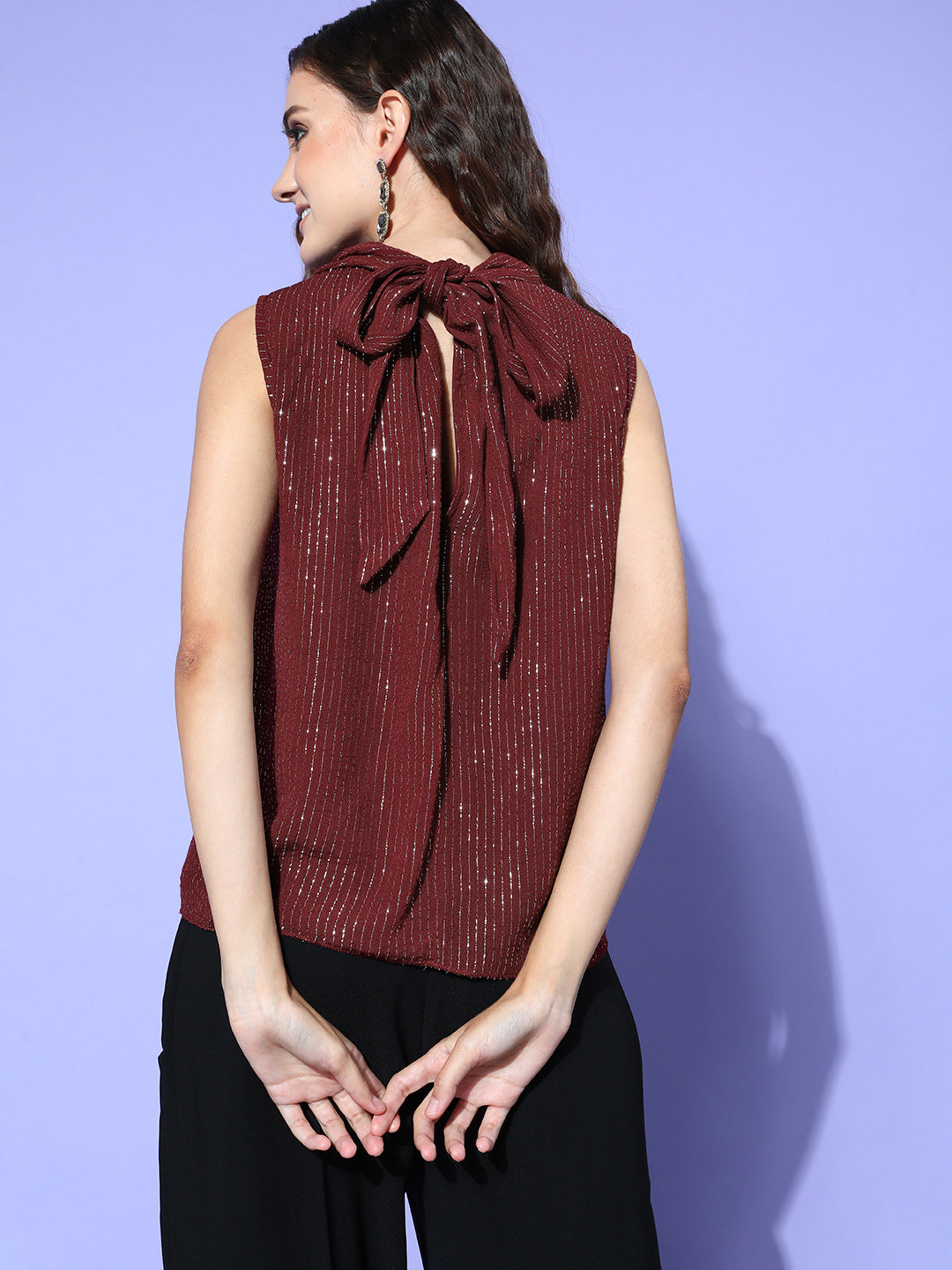 InWeave Women's Maroon Lurex Tie Up Top - Swadesiicart