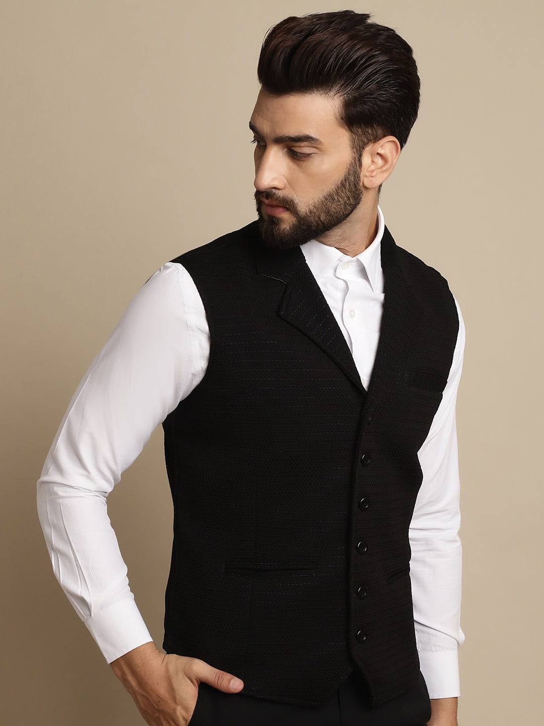 Even Apparels Men's Black Waistcoat with Notched Lapel | Swadesiicart