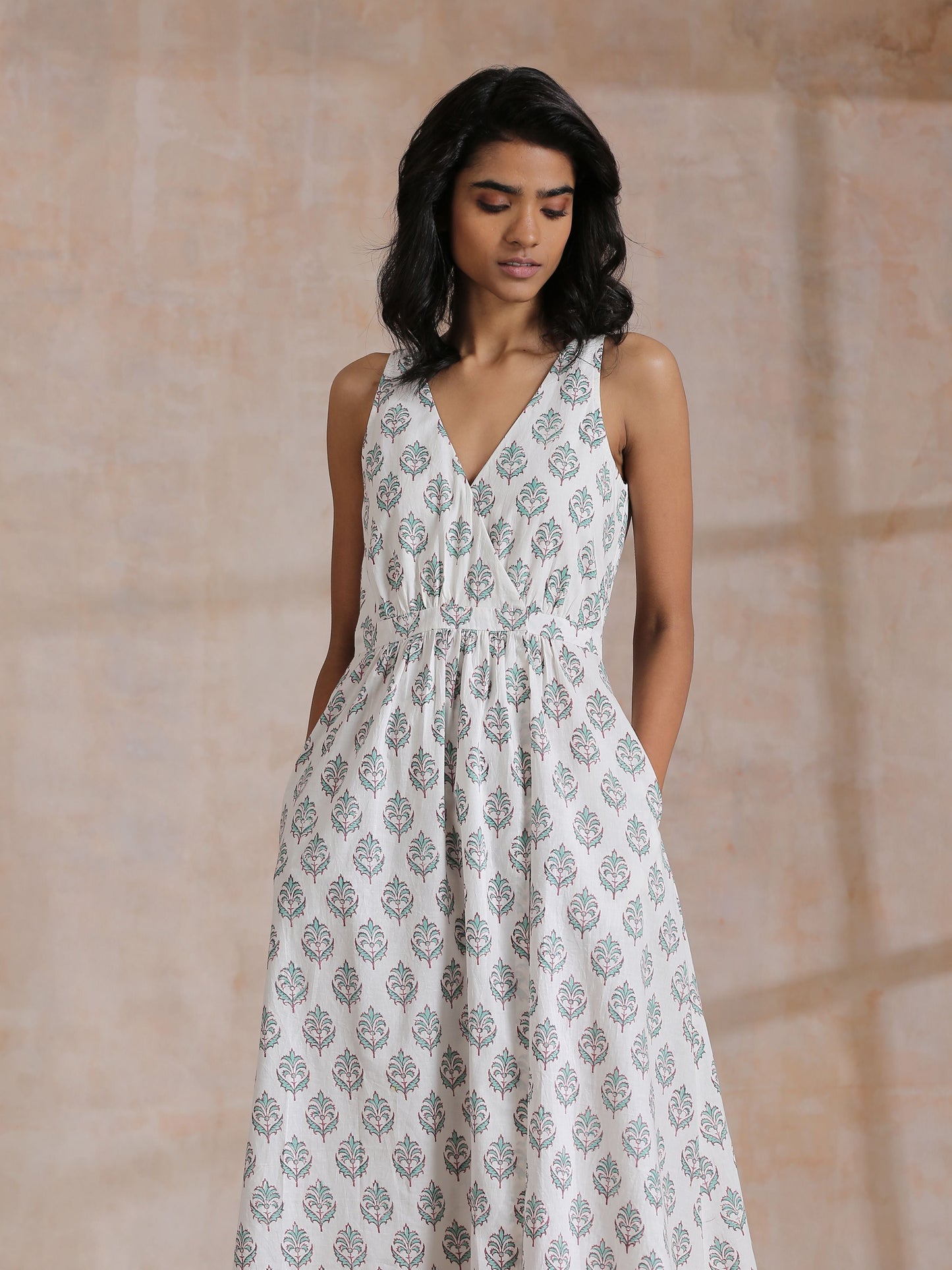 trueBrowns Green Buta On White Block Print Cotton Sleeveless Wrap Dress | Swadesiicart