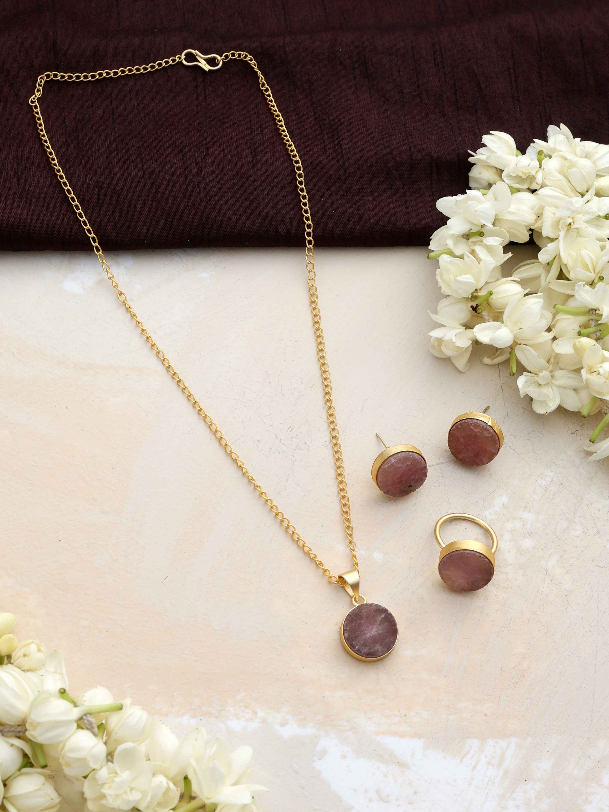 trueBrowns Gold Tone Pink Stone Pendant Set - Swadesiicart