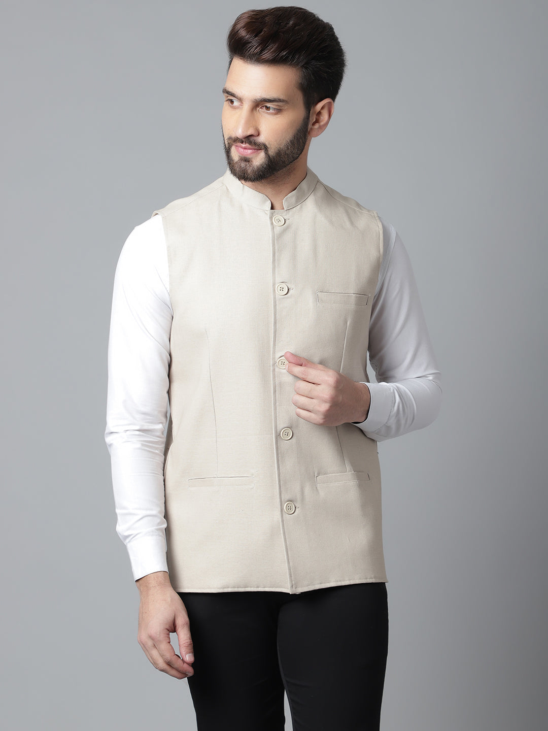 Even Apparels Men's Cream Nehru Jacket With Welt Pockets | Swadesiicart