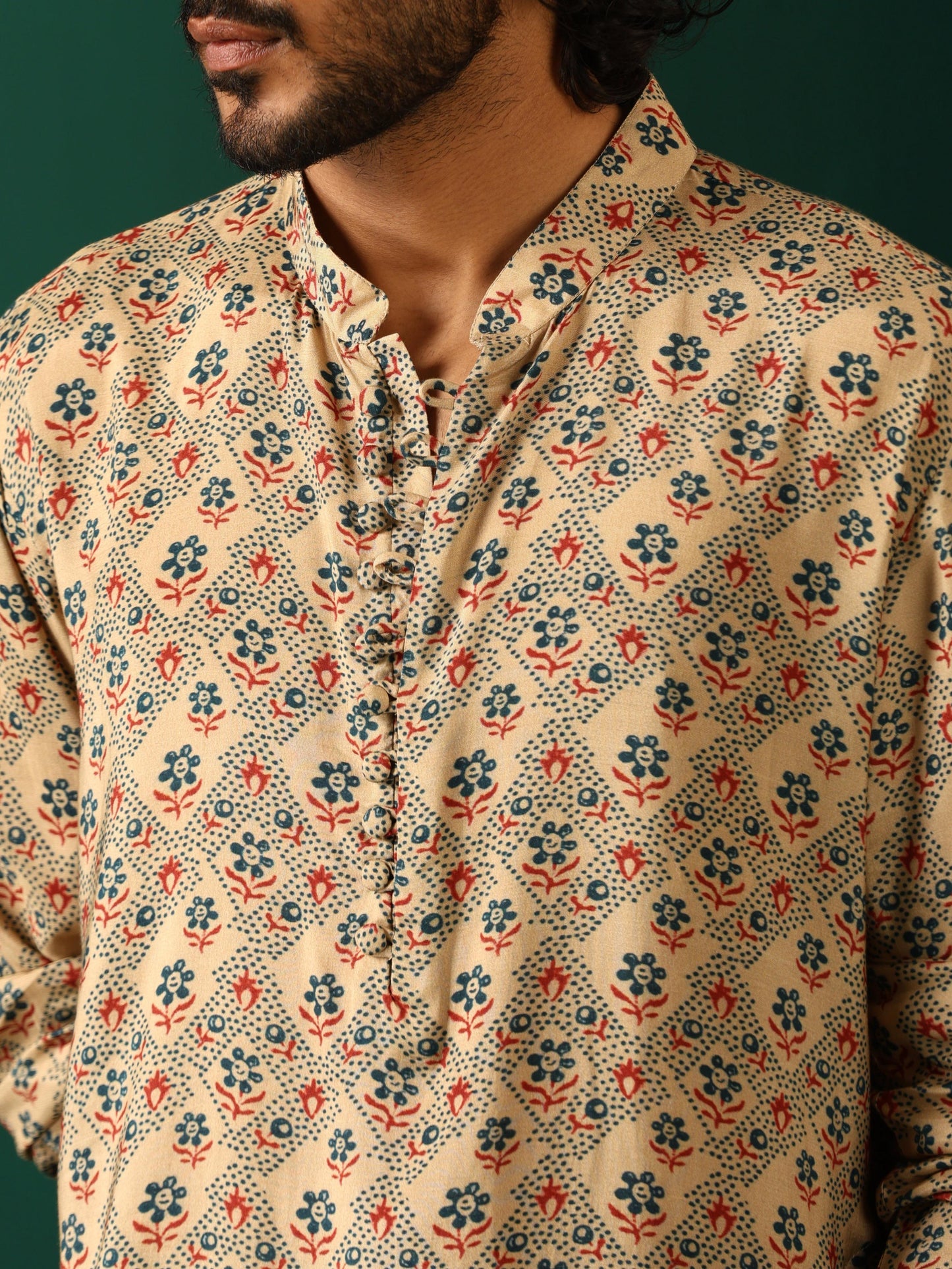 trueBrowns Men's Beige Geometric Muslin Silk Printed Co-ord Set - Swadesiicart