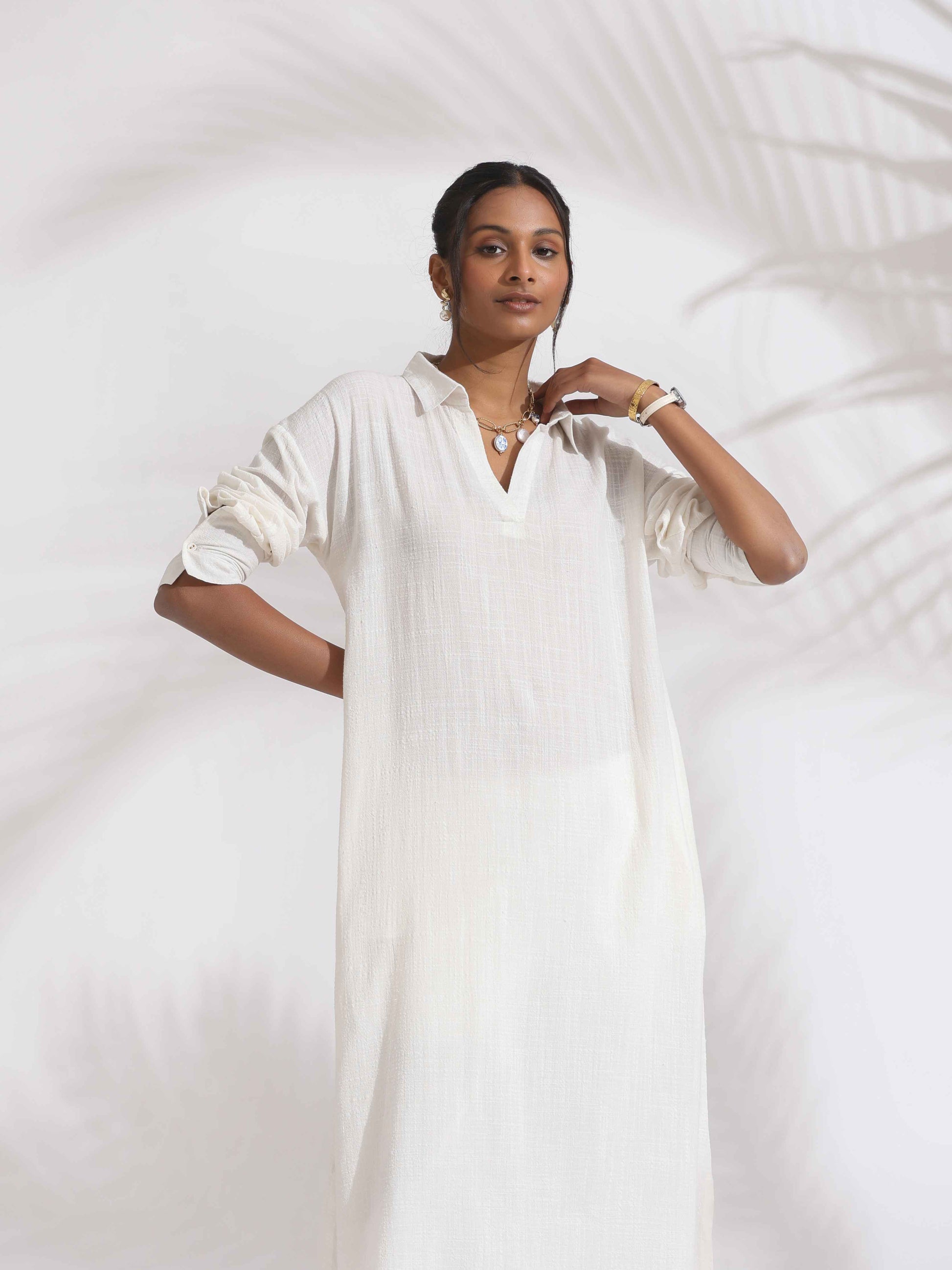 trueBrowns White Cotton A-line Kurta Set | Swadesiicart