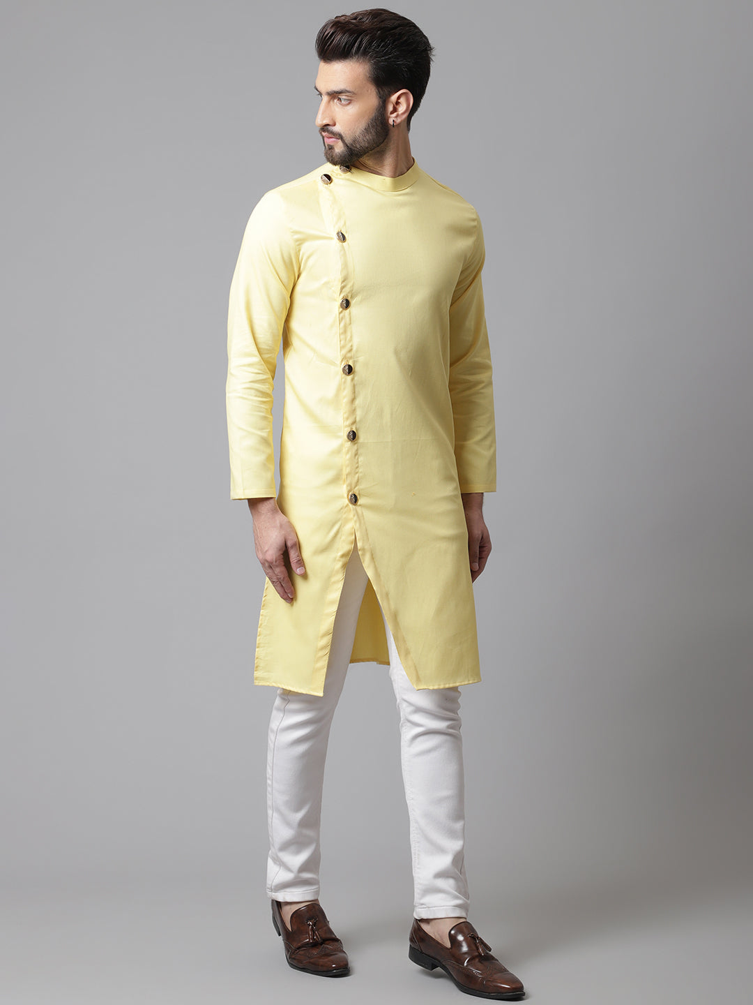Even Apparels Yellow Sherwani Kurta With Asymetrical Cut | Swadesiicart