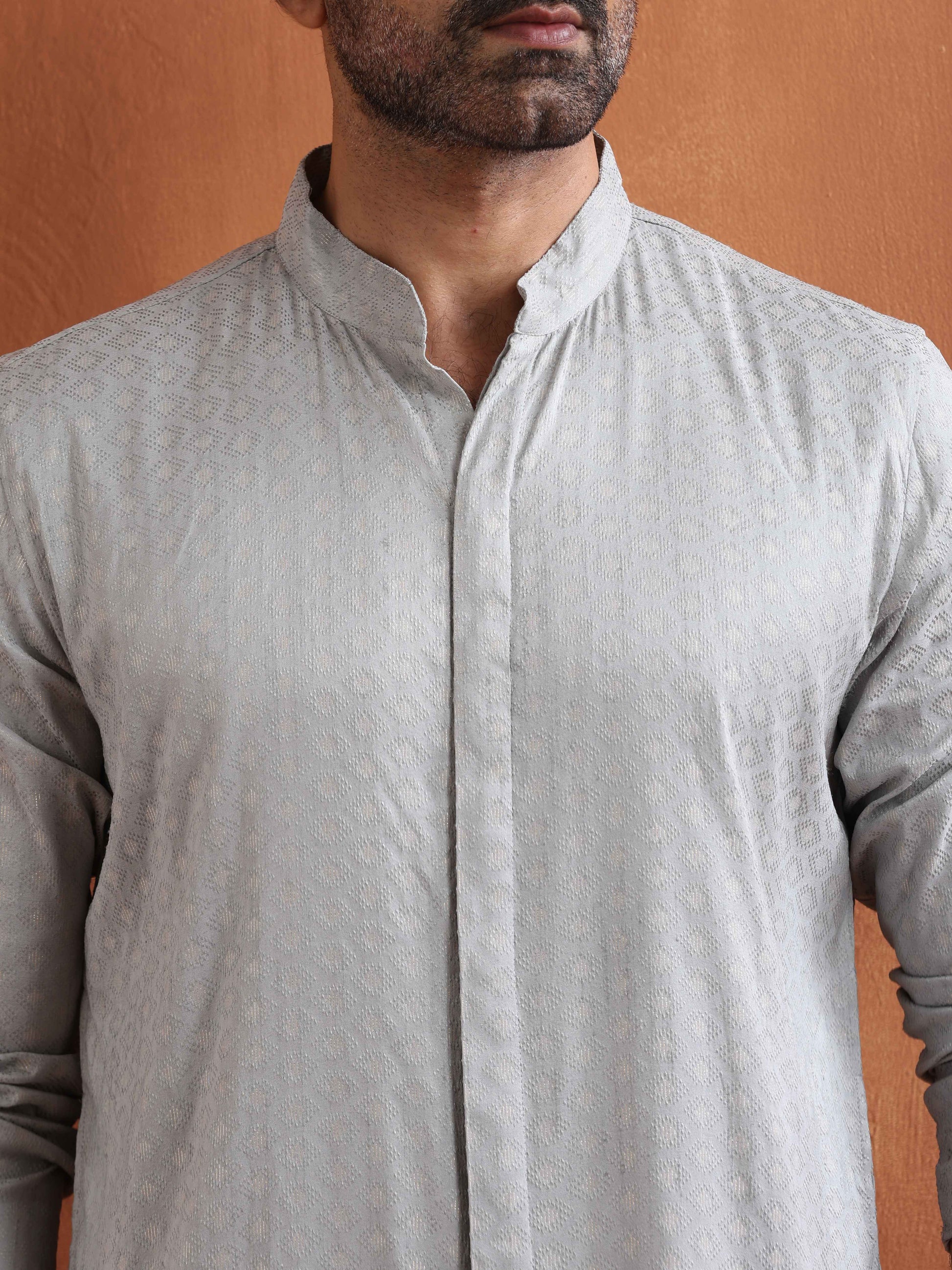 trueBrowns Men's Grey Chanderi Front Open Kurta | Swadesiicart