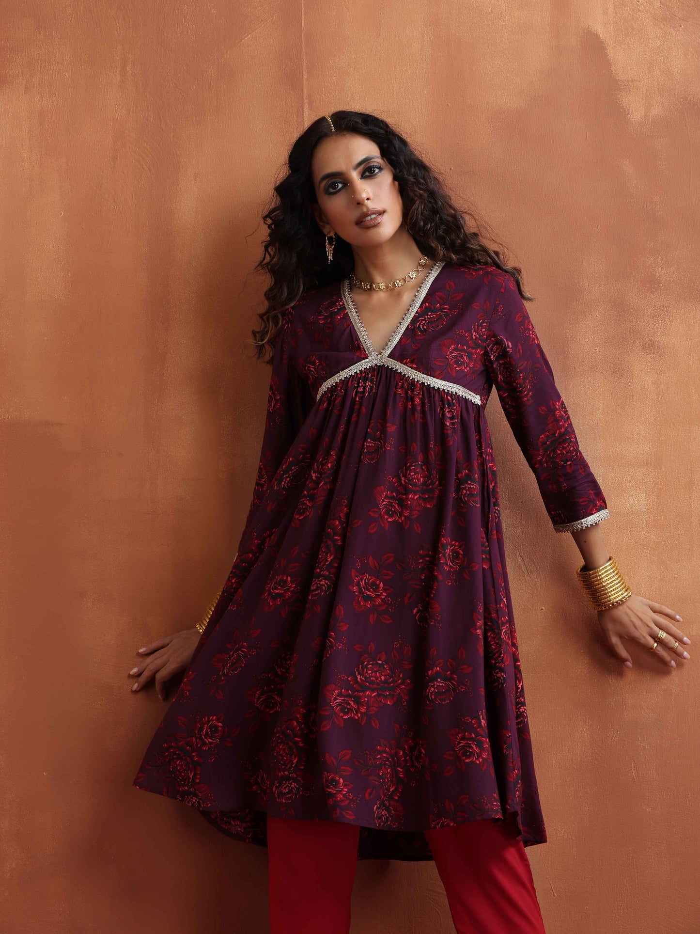 trueBrowns Purple Floral Print Anarkali Kurta Co-ord Set - Swadesiicart