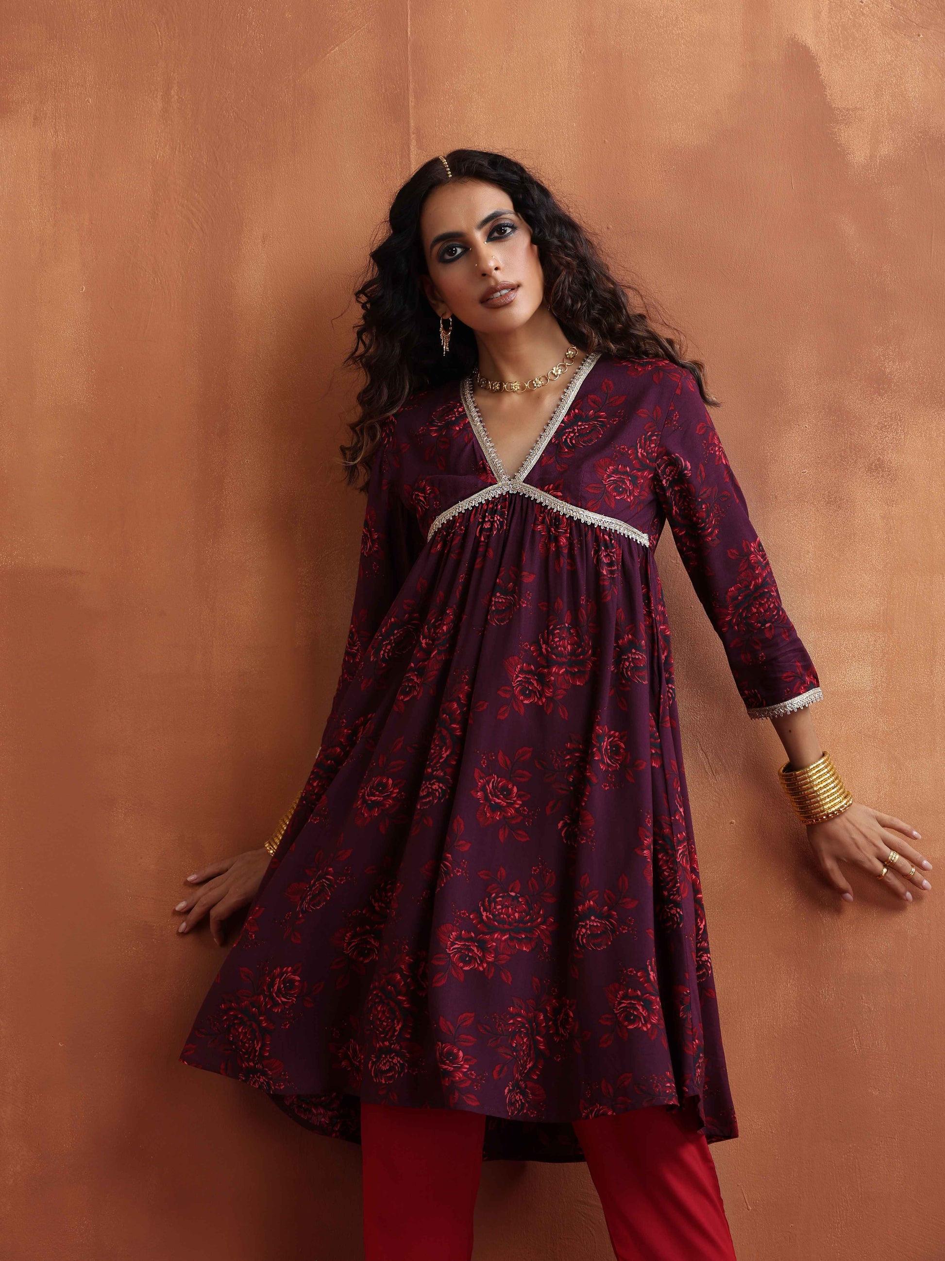 trueBrowns Purple Floral Print Anarkali Kurta Co-ord Set - Swadesiicart