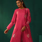trueBrowns Pink Floral Viscose Silk Round Neck Puff Sleeve Kurta Pant Set | Swadesiicart