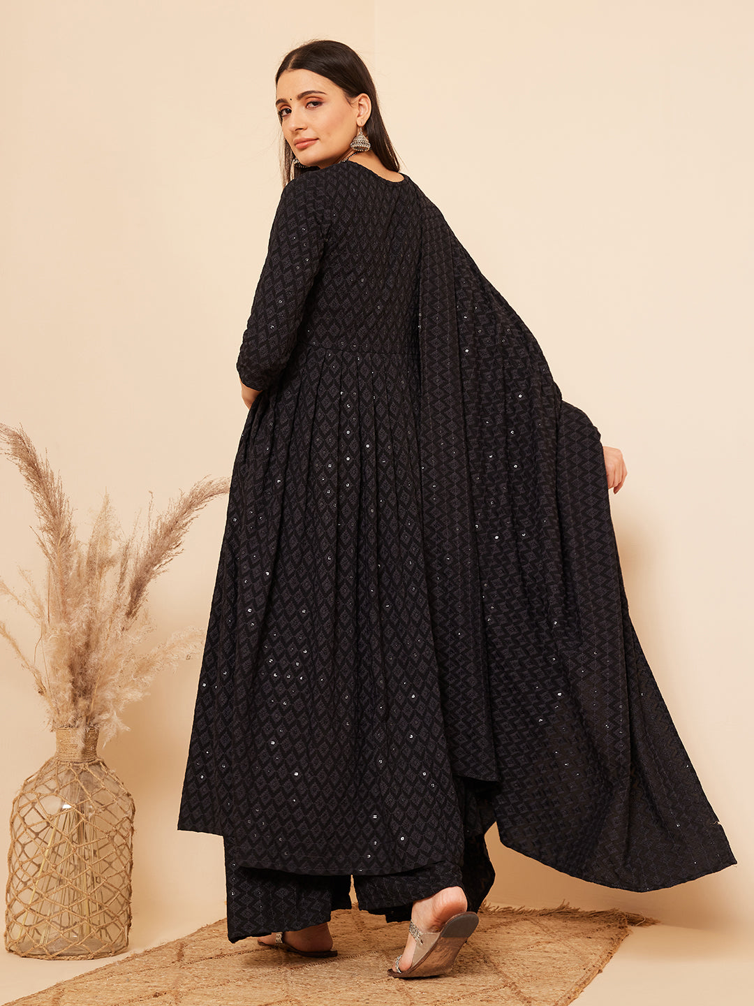 InWeave Women's Black Chikankari Long Anarkali Kurta Sharara Set W Dupatta - Swadesiicart