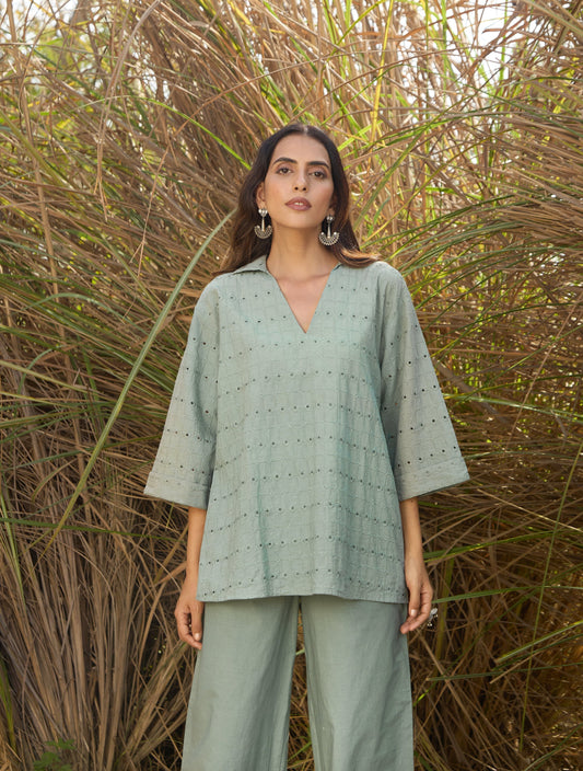 trueBrowns Blue Cotton Cutwork Embroidered Co-ord Set - Swadesiicart