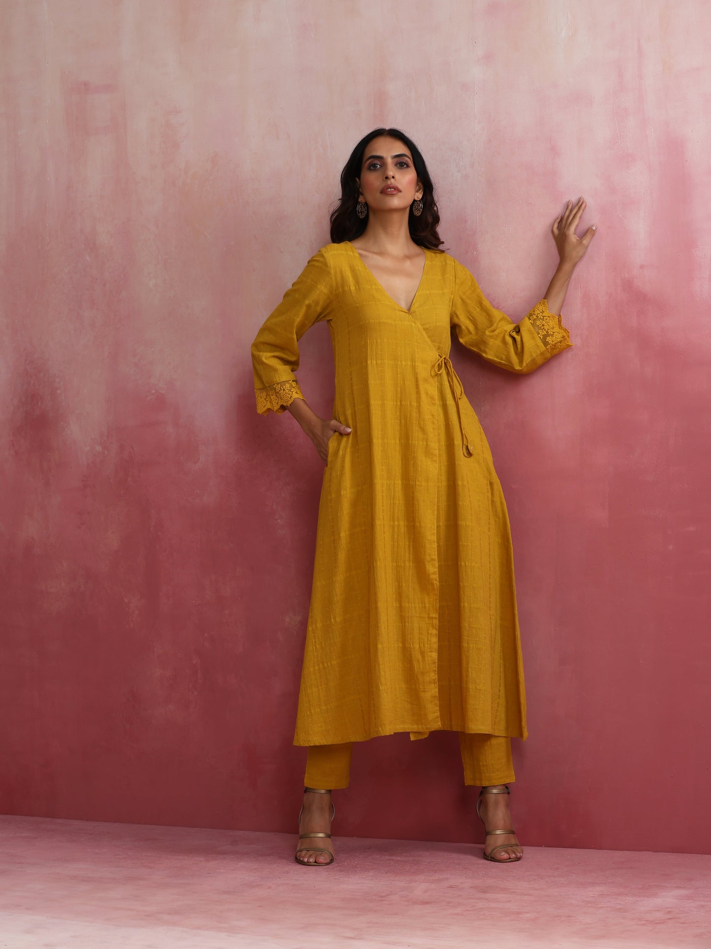 trueBrowns Mustard Cotton Dobby Kurta Set | Swadesiicart