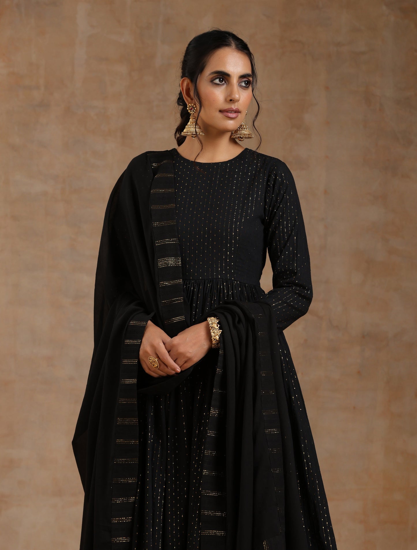 trueBrowns Black Gold Cotton Anarkali Set | Swadesiicart