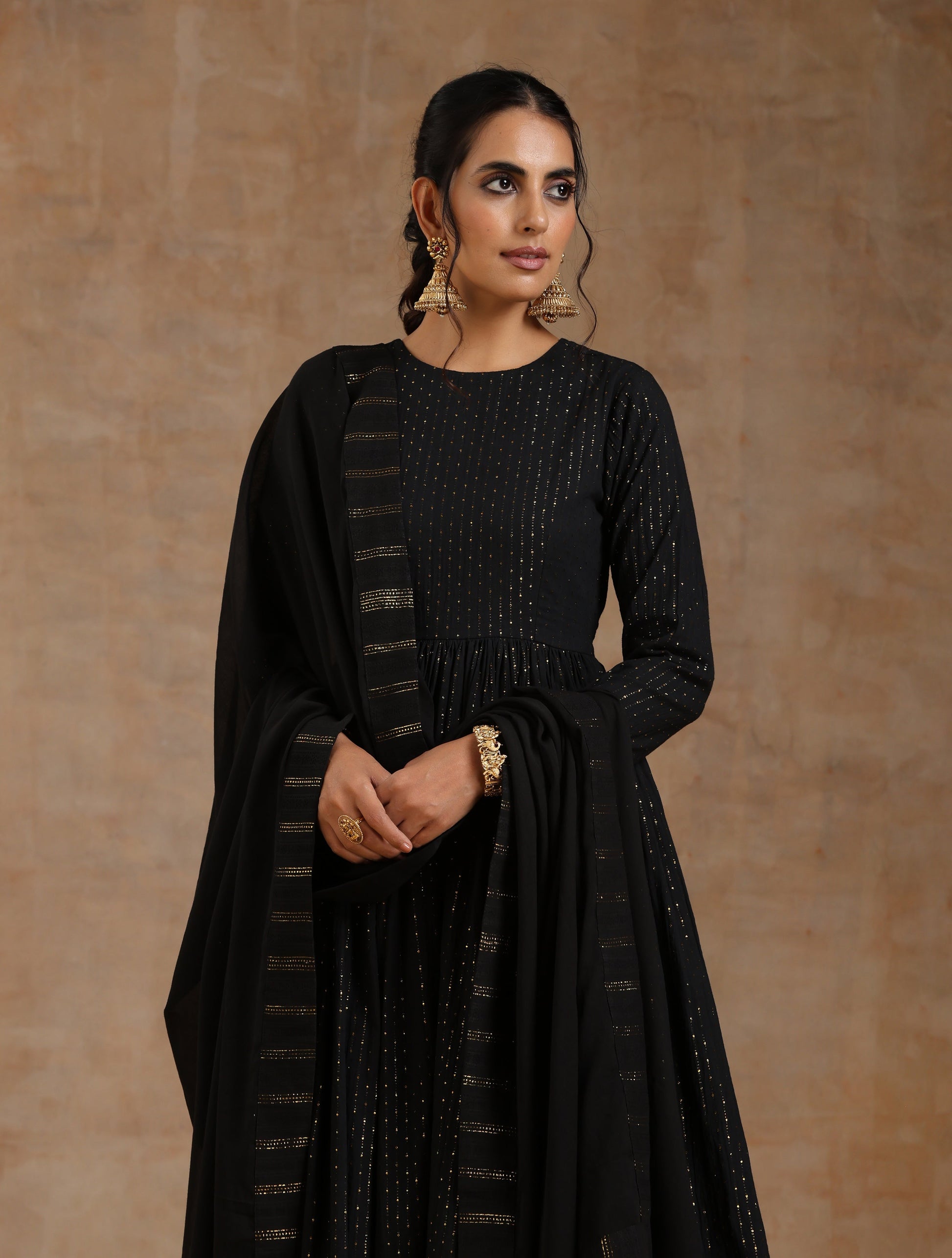 trueBrowns Black Gold Cotton Anarkali Set | Swadesiicart