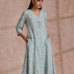 trueBrowns Tiffany Blue Floral Block Print Cotton Front Neck Gathered Kurta Pant Set | Swadesiicart