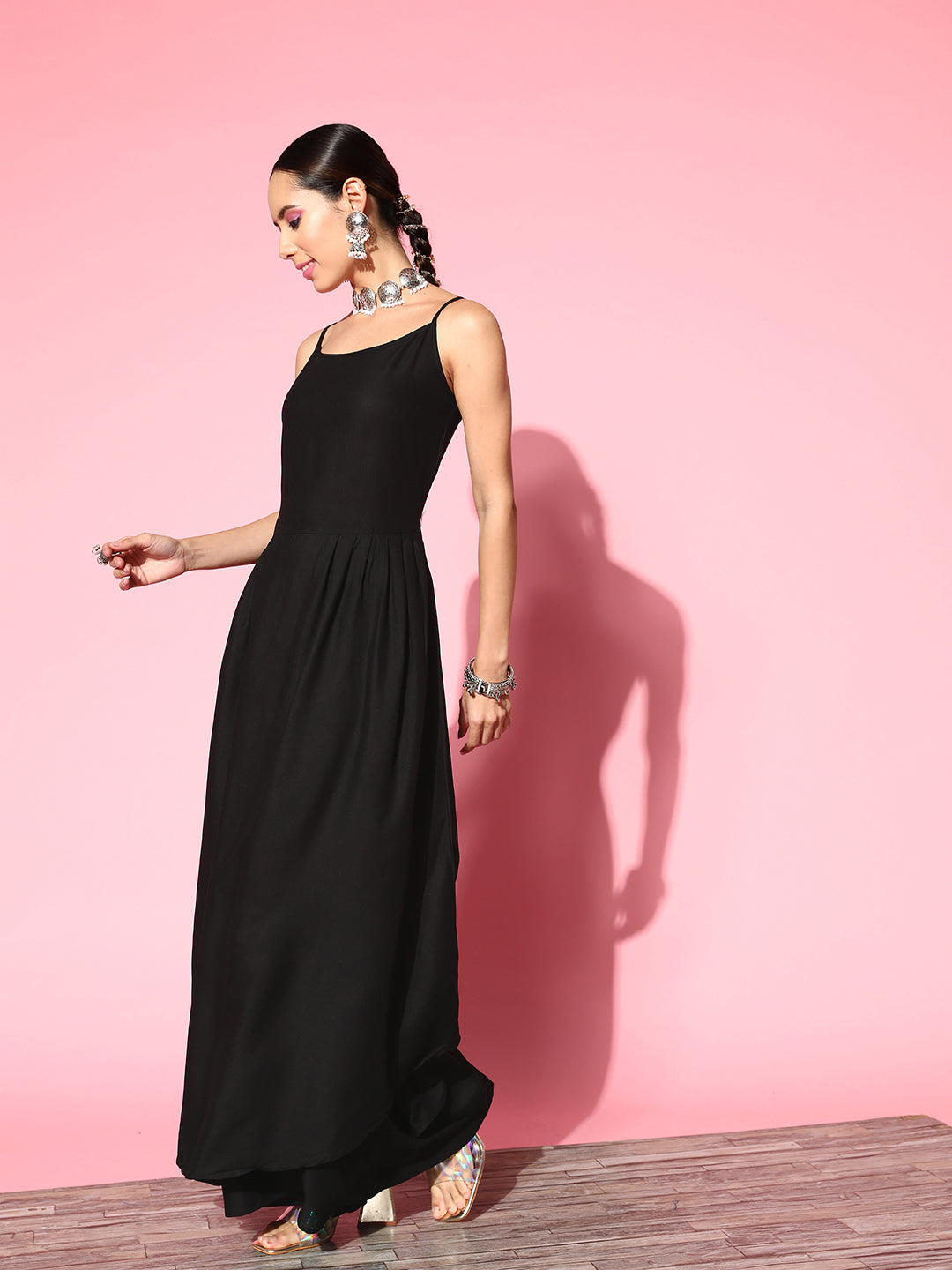 InWeave Women's Black Strappy Set With Pink Mustard Floral Short Organza Cape - Swadesiicart