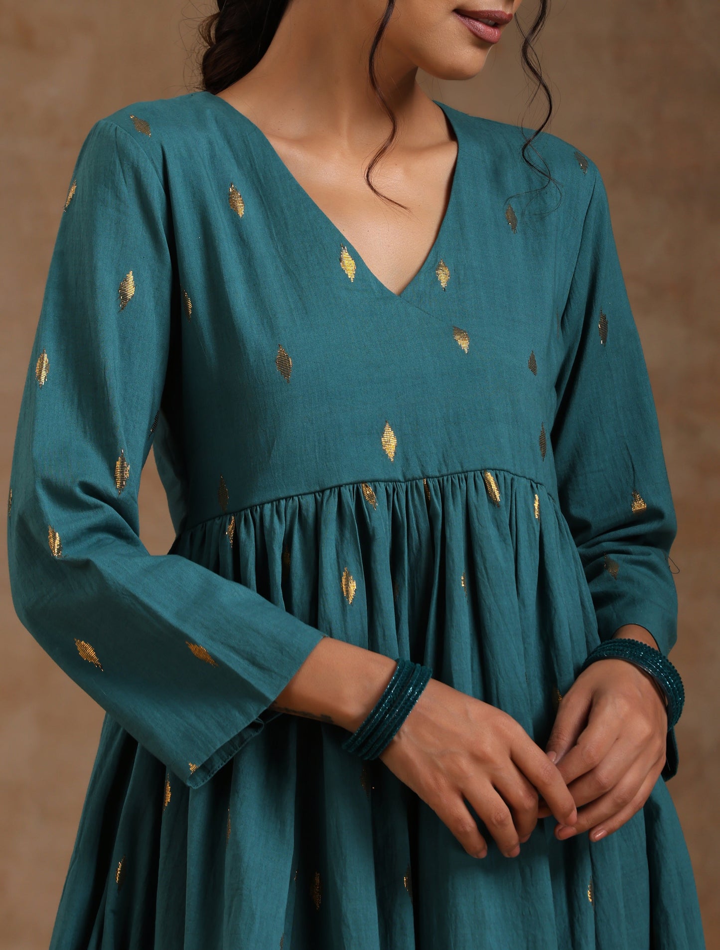 trueBrowns Deep Sea Gold Cotton Kalidar Kurta Set | Swadesiicart