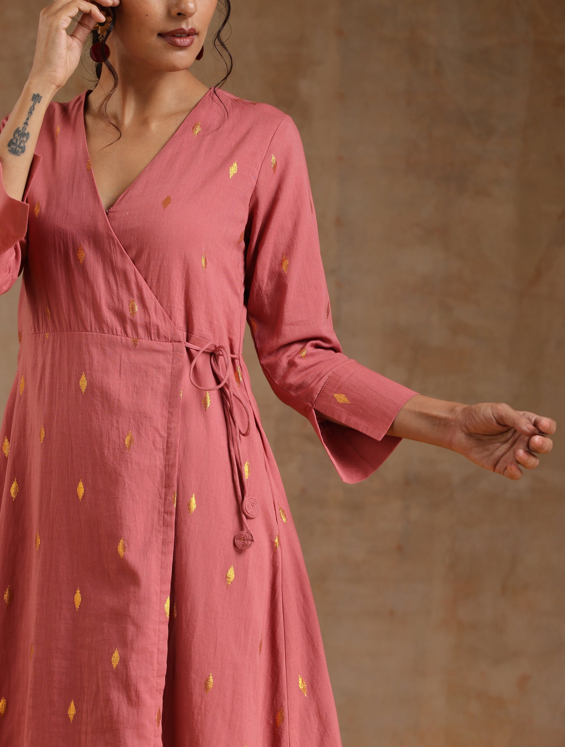 trueBrowns Blush Gold Cotton Angrakha Kurta Set | Swadesiicart