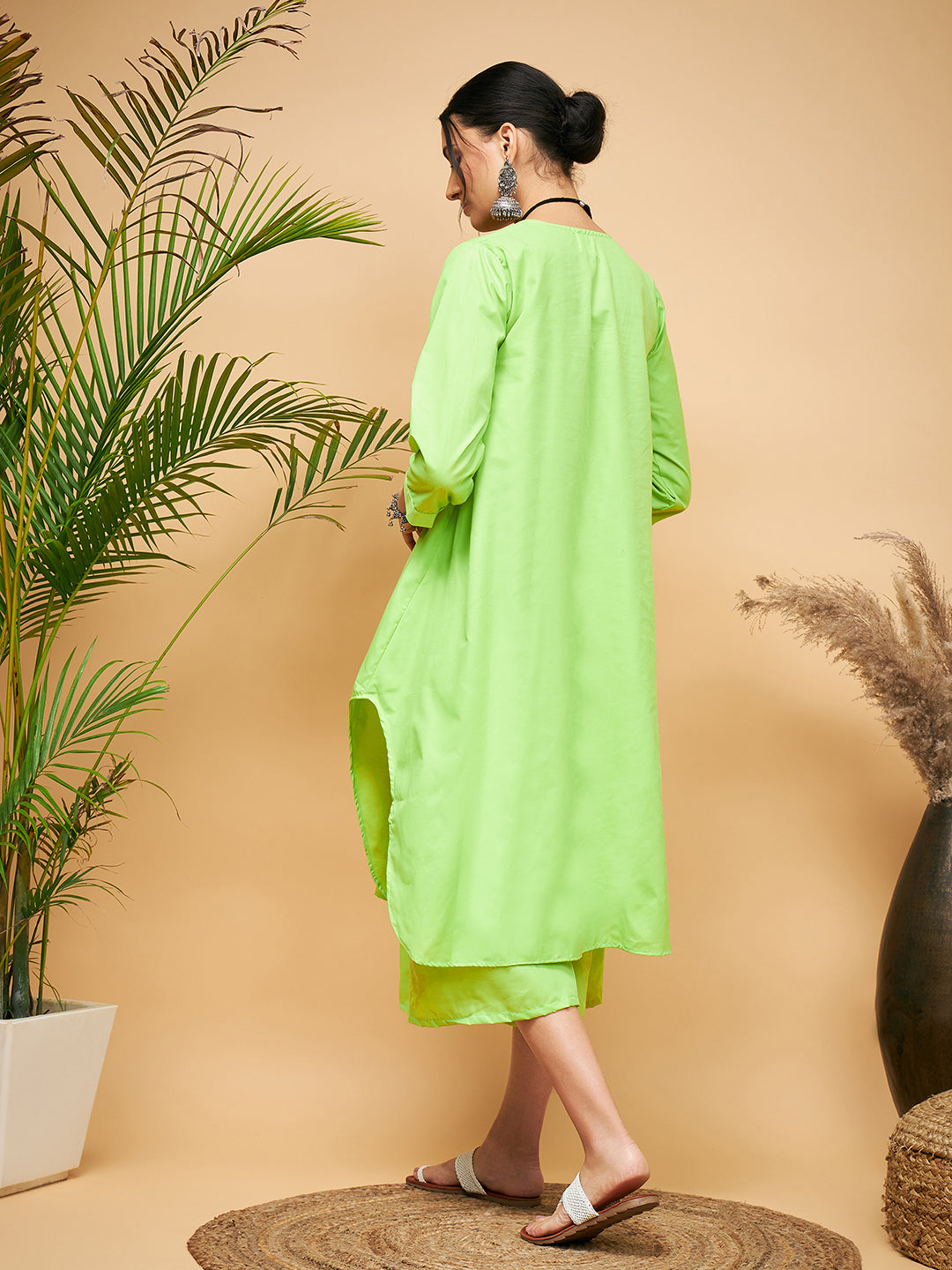 InWeave Women's Lime Green Flared Kurta Palazzo Set - Swadesiicart