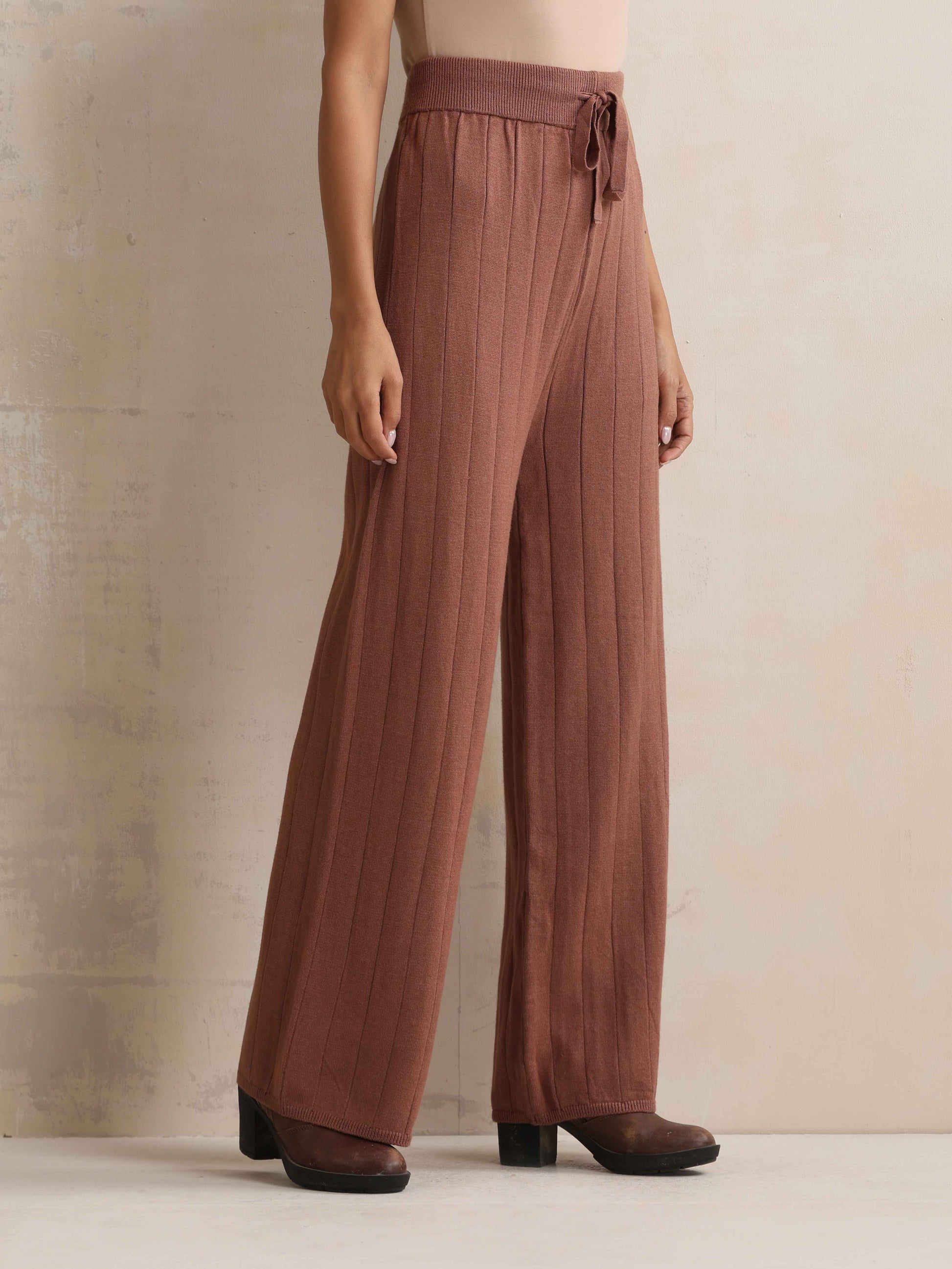 trueBrowns Peach Woollen Flared Pants | Swadesiicart