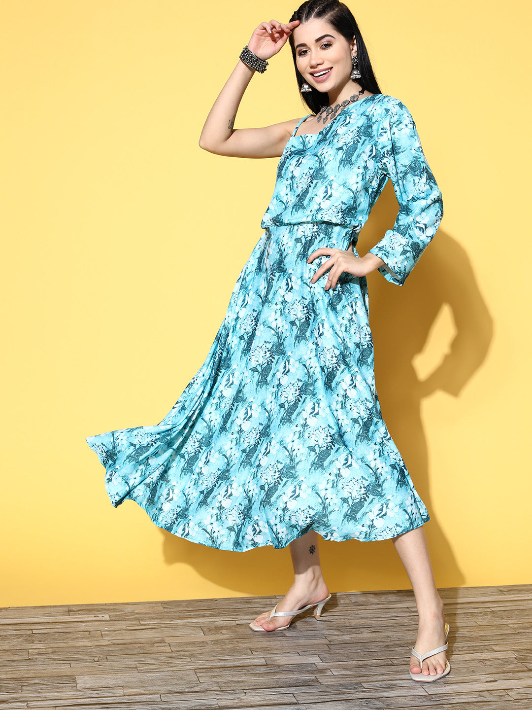 InWeave Women's Sea Blue One Shoulder Rayon Dress - Swadesiicart