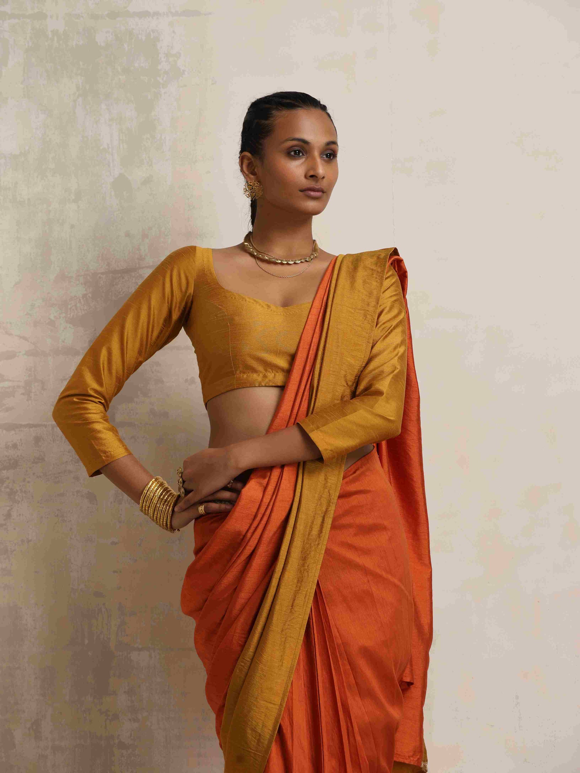 trueBrowns Orange Silk Ready To Wear Saree | Swadesiicart