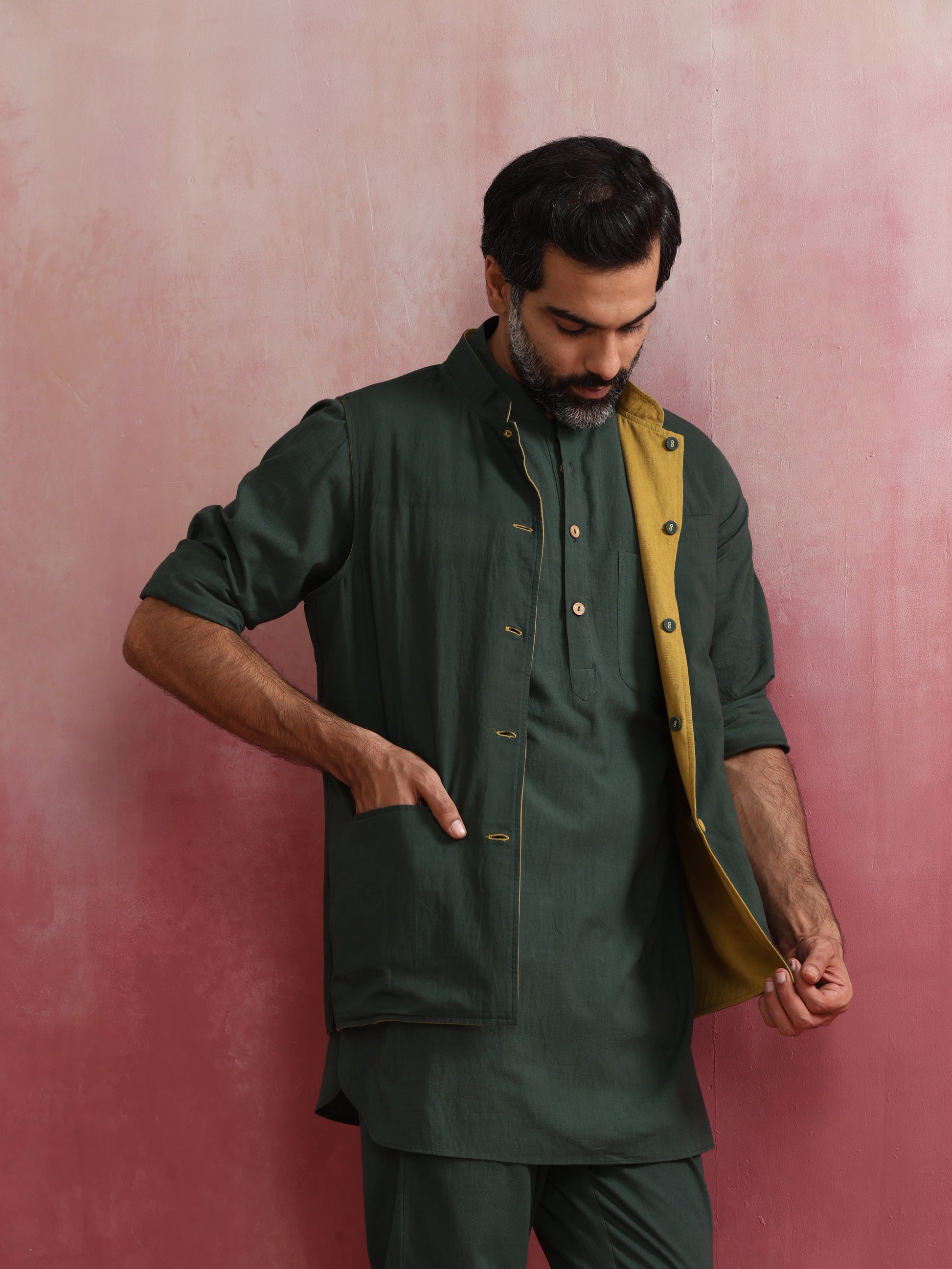 trueBrowns Men's Mustard Cotton Reversible Nehru Jacket | Swadesiicart