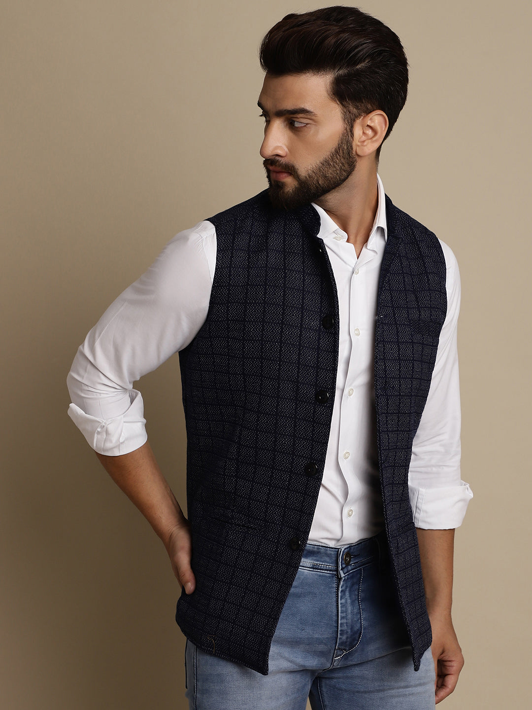 Even Apparels Men's Blue Mandarin Collar Waistcoat | Swadesiicart