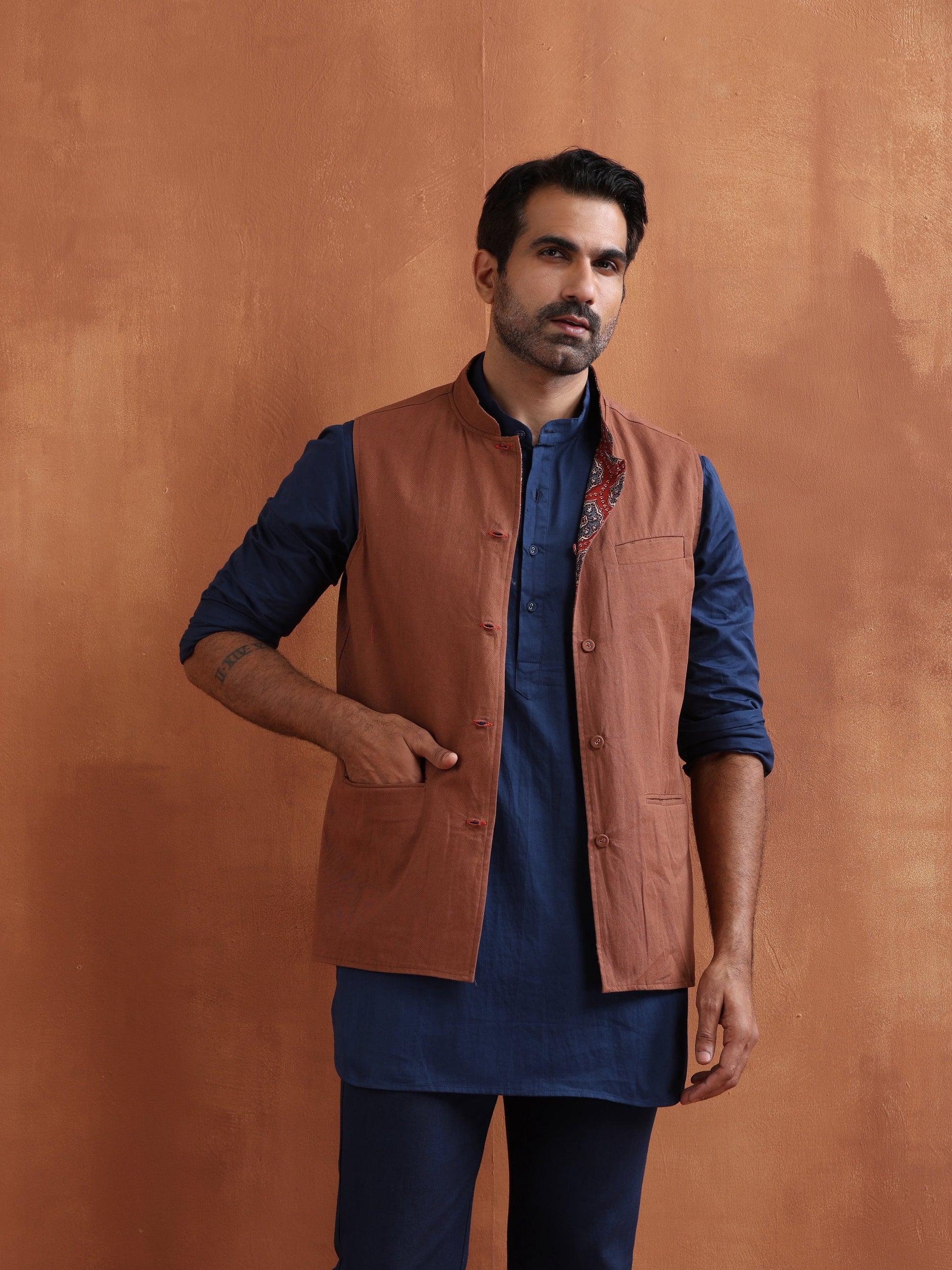 trueBrowns Men's Rust Printed Reversible Nehru Jacket | Swadesiicart