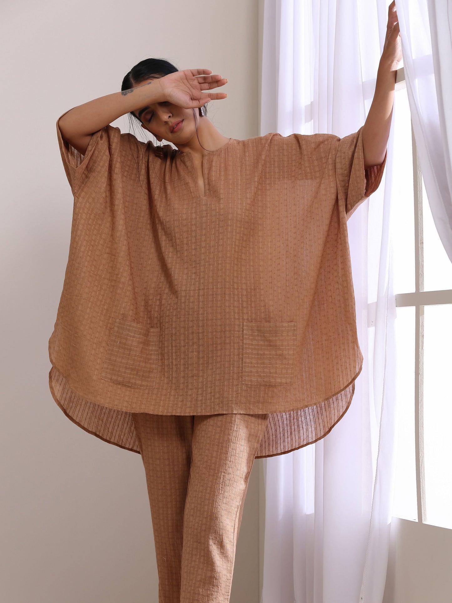 trueBrowns Beige Dobby Boxy Fit High-Low Co-Ord Set - Swadesiicart