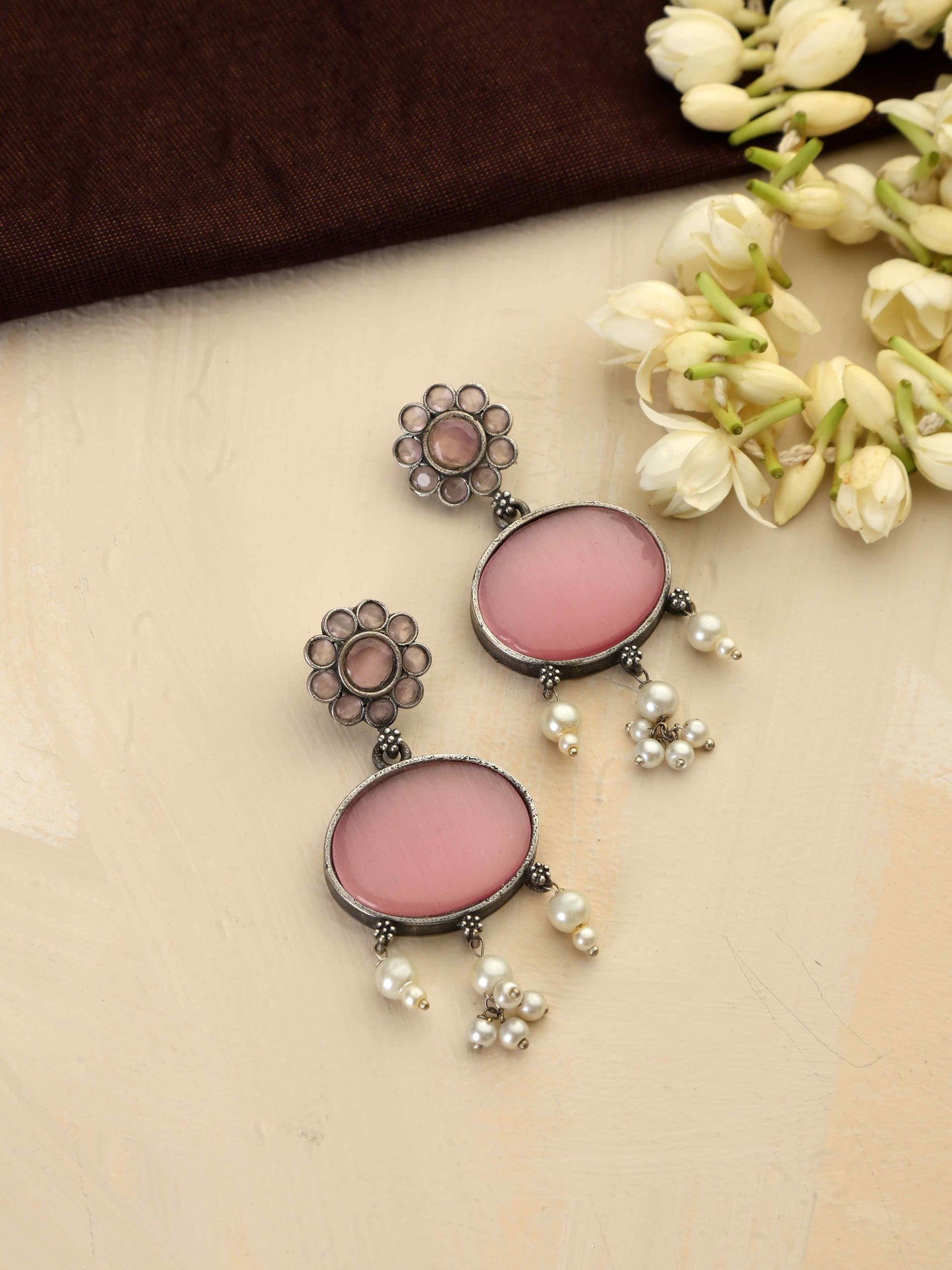 trueBrowns Silver Tone Pink Stone Dangle Earrings - Swadesiicart