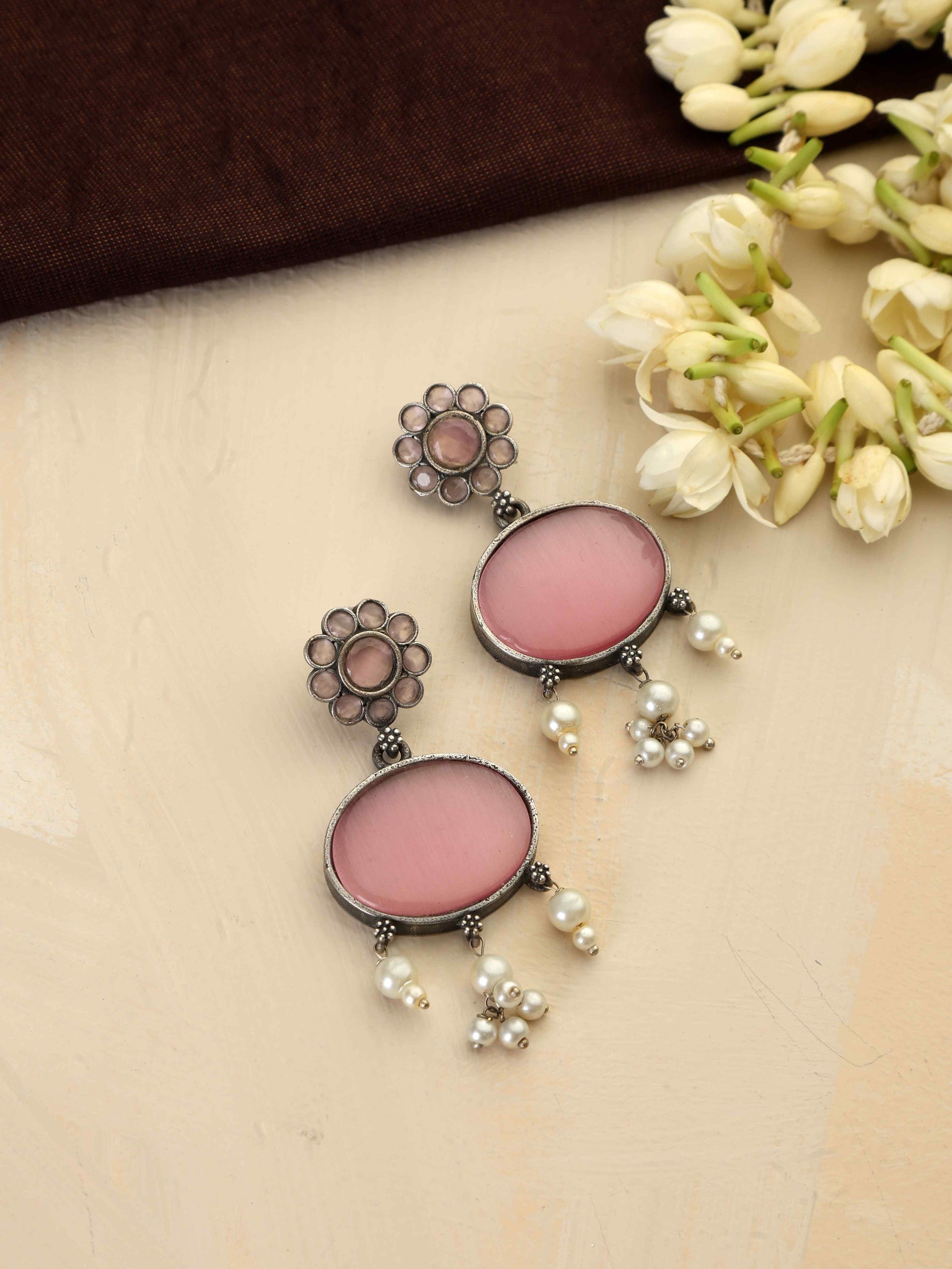 trueBrowns Silver Tone Pink Stone Dangle Earrings - Swadesiicart