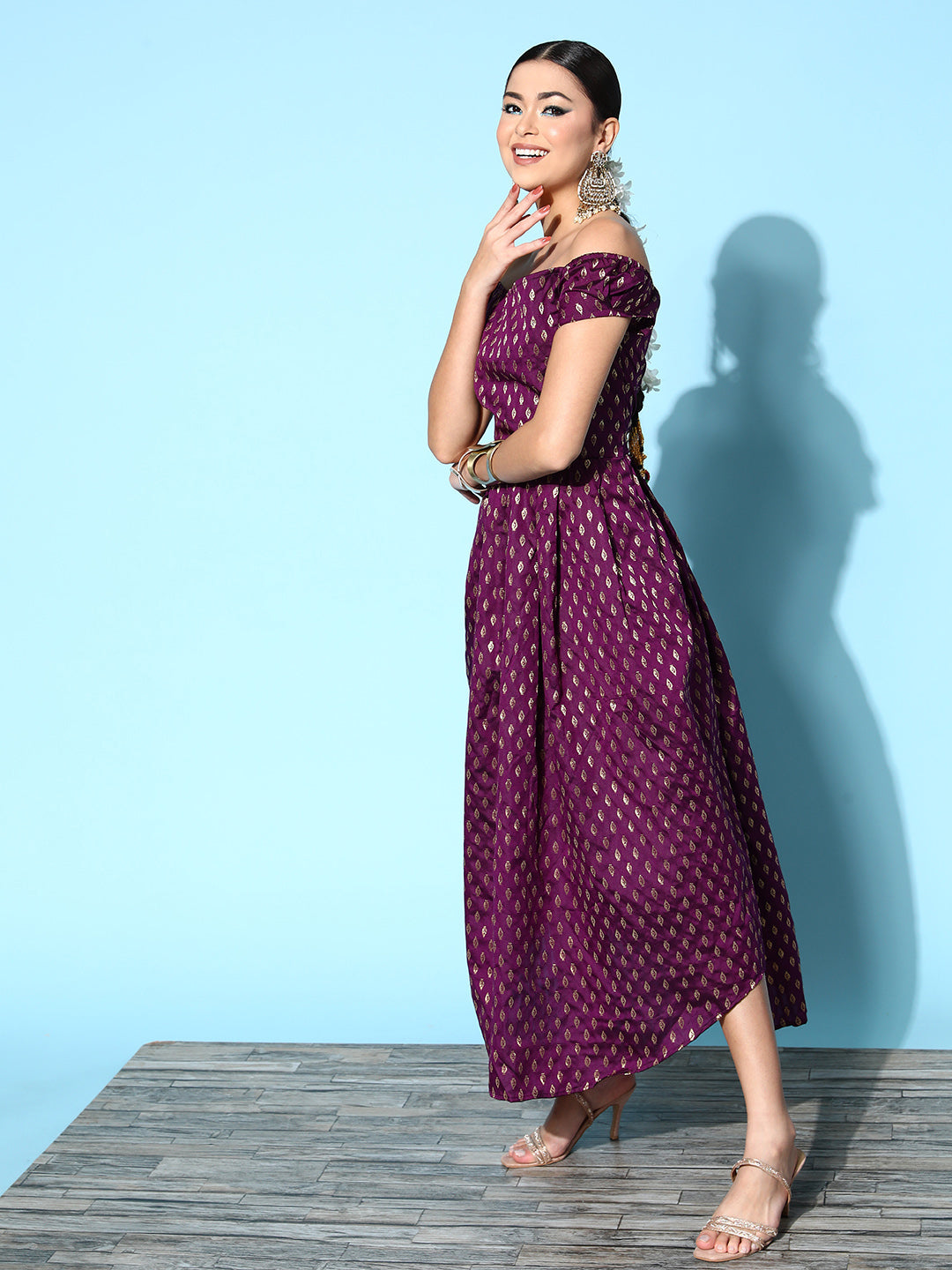 InWeave Women's Wine Brocade Dress - Swadesiicart
