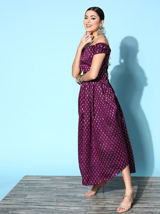 InWeave Women's Wine Brocade Dress - Swadesiicart