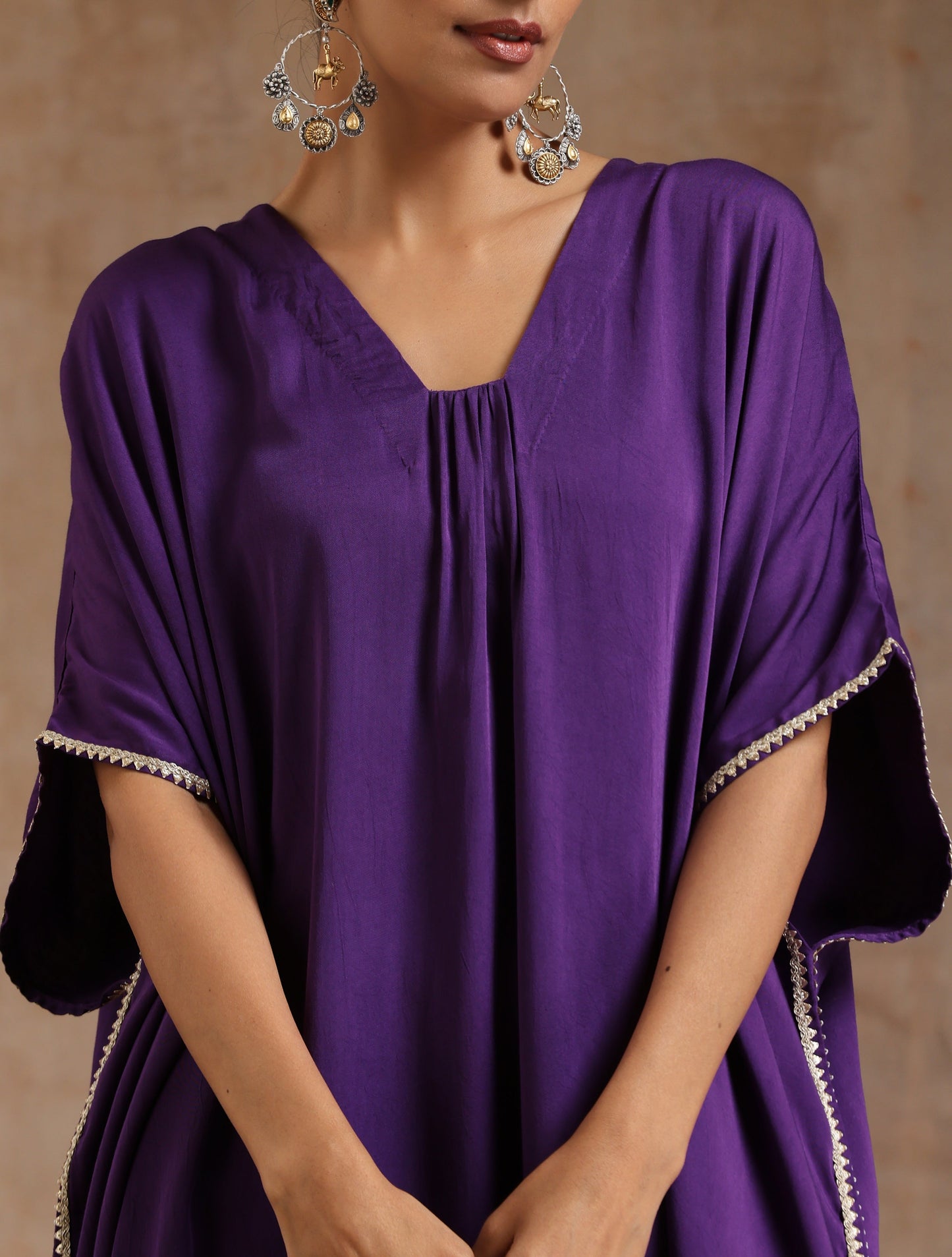 trueBrowns Violet Modal Satin Kaftan Kurta Set | Swadesiicart