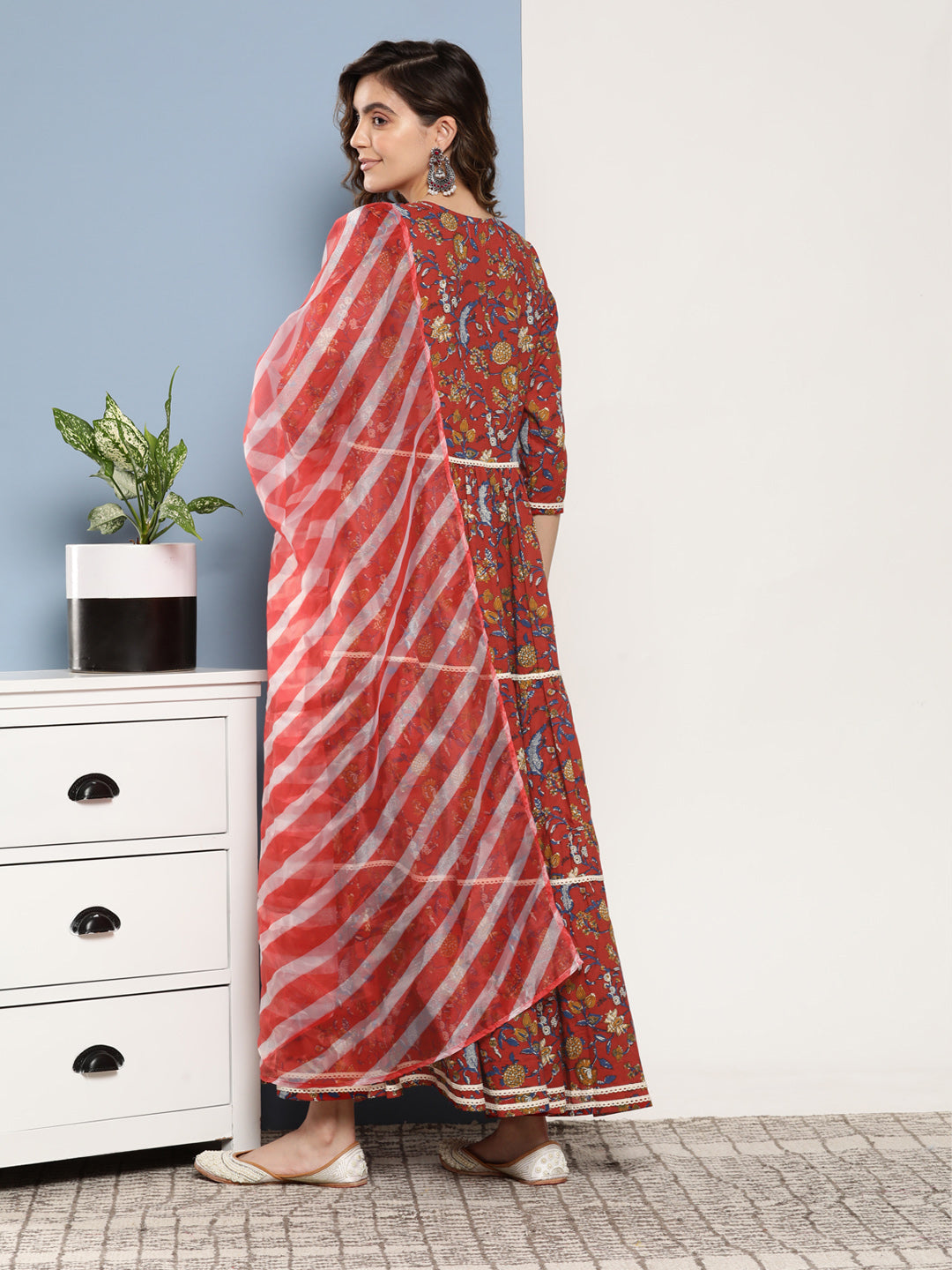 InWeave Women's Red Floral Print Tiered Dress With Lace With Red Leh Dupatta - Swadesiicart