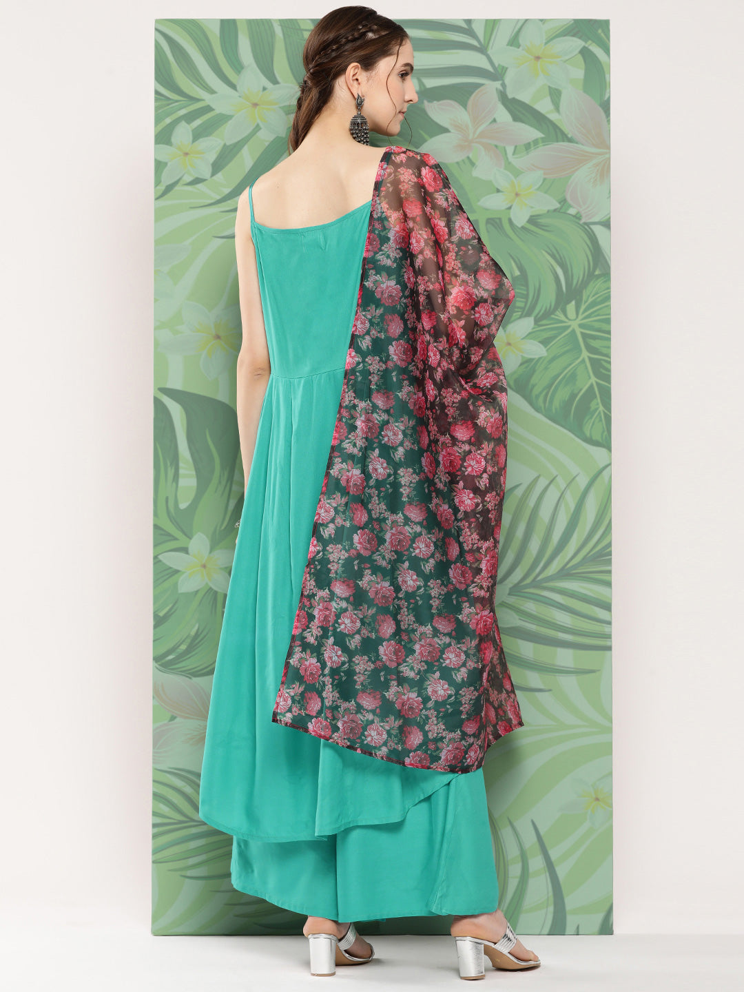 InWeave Women's Teal Strappy Set W Black Pink Camelia Or Duptta - Swadesiicart