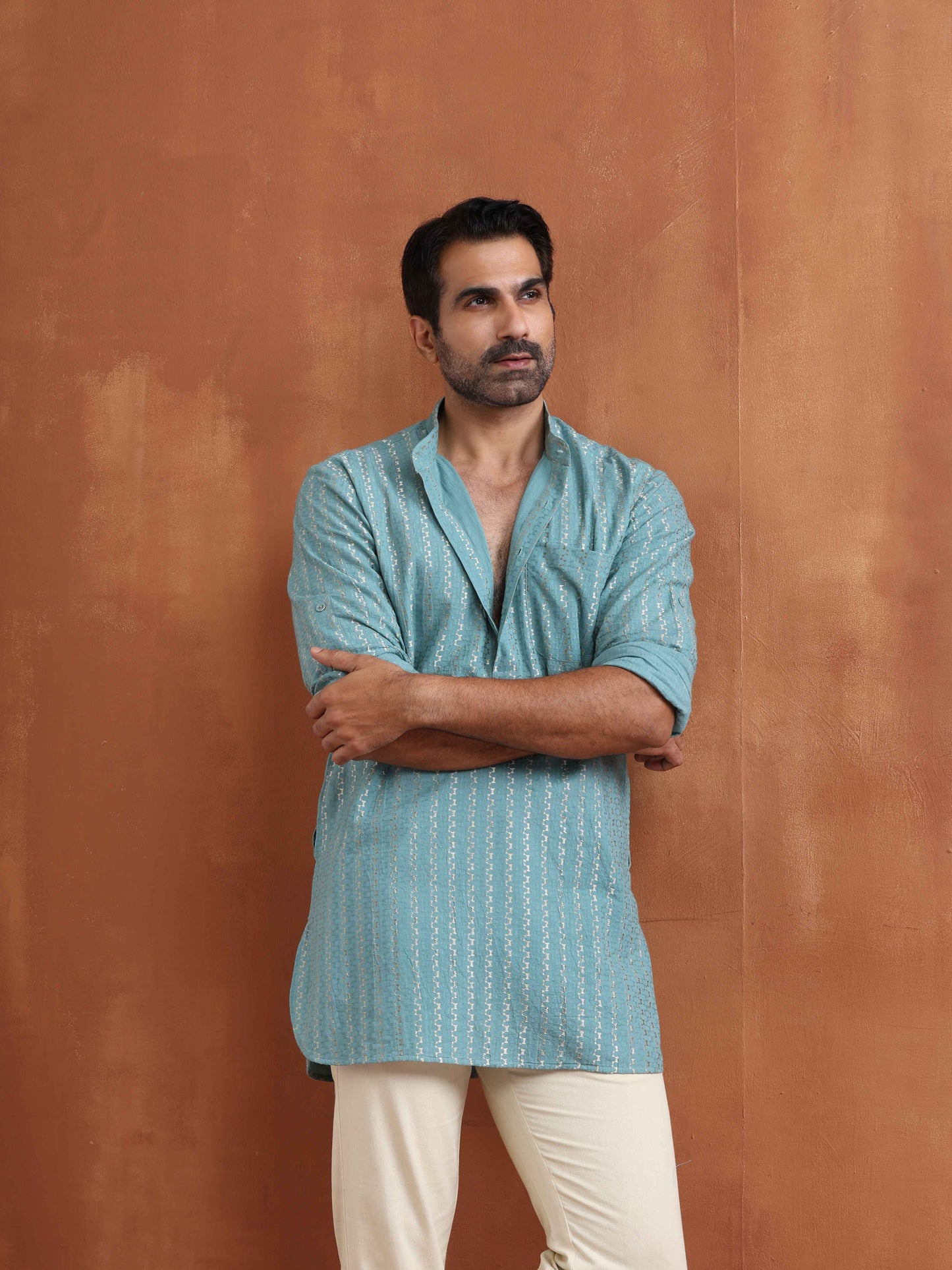 trueBrowns Men's Green Cotton Dobby Short Kurta | Swadesiicart